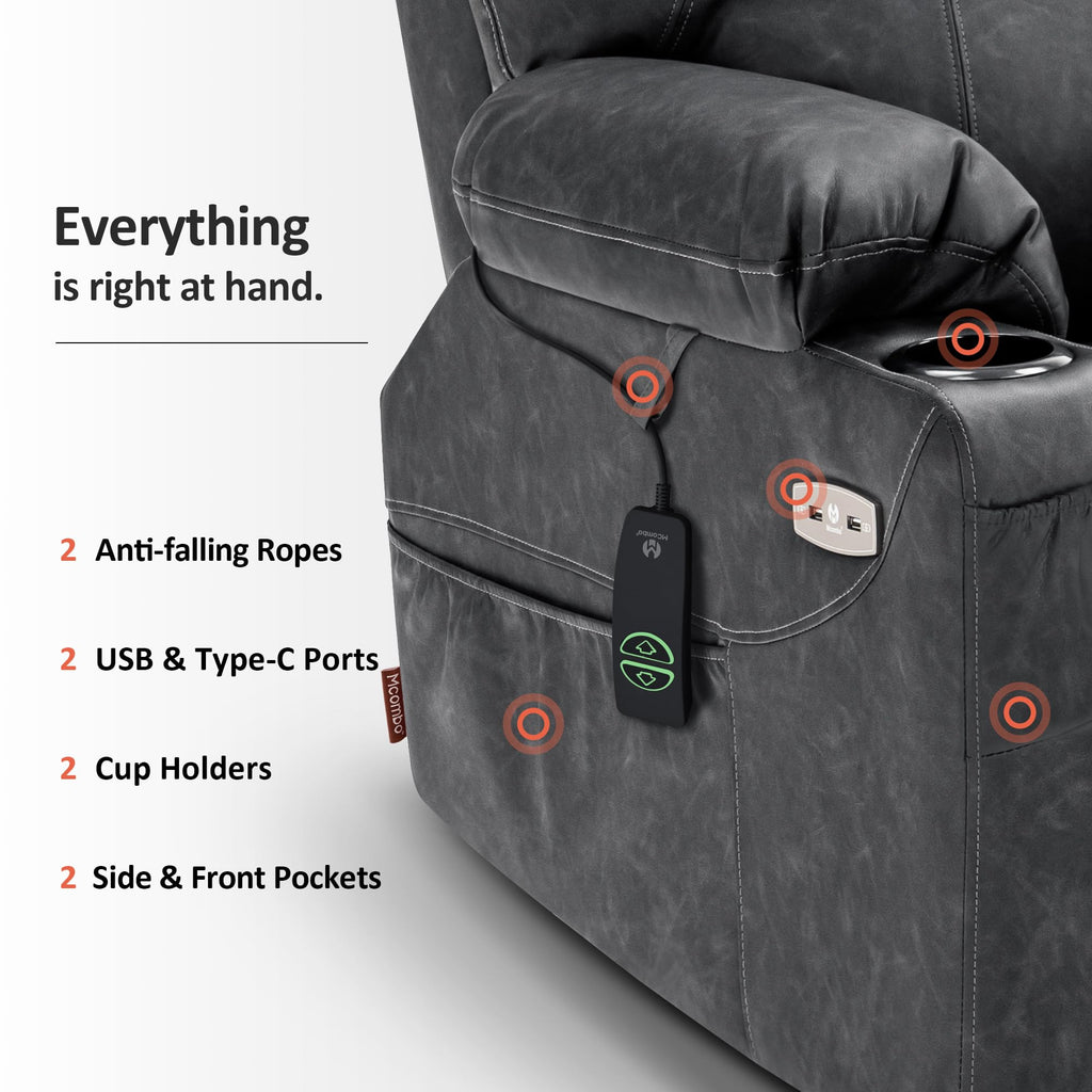 MCombo Electric Power Lift Recliner Chair Sofa with Massage and Heat for Elderly, 3 Positions, 2 Side Pockets, and Cup Holders, USB Ports, Faux Leather 7040 (Light Brown, Medium)