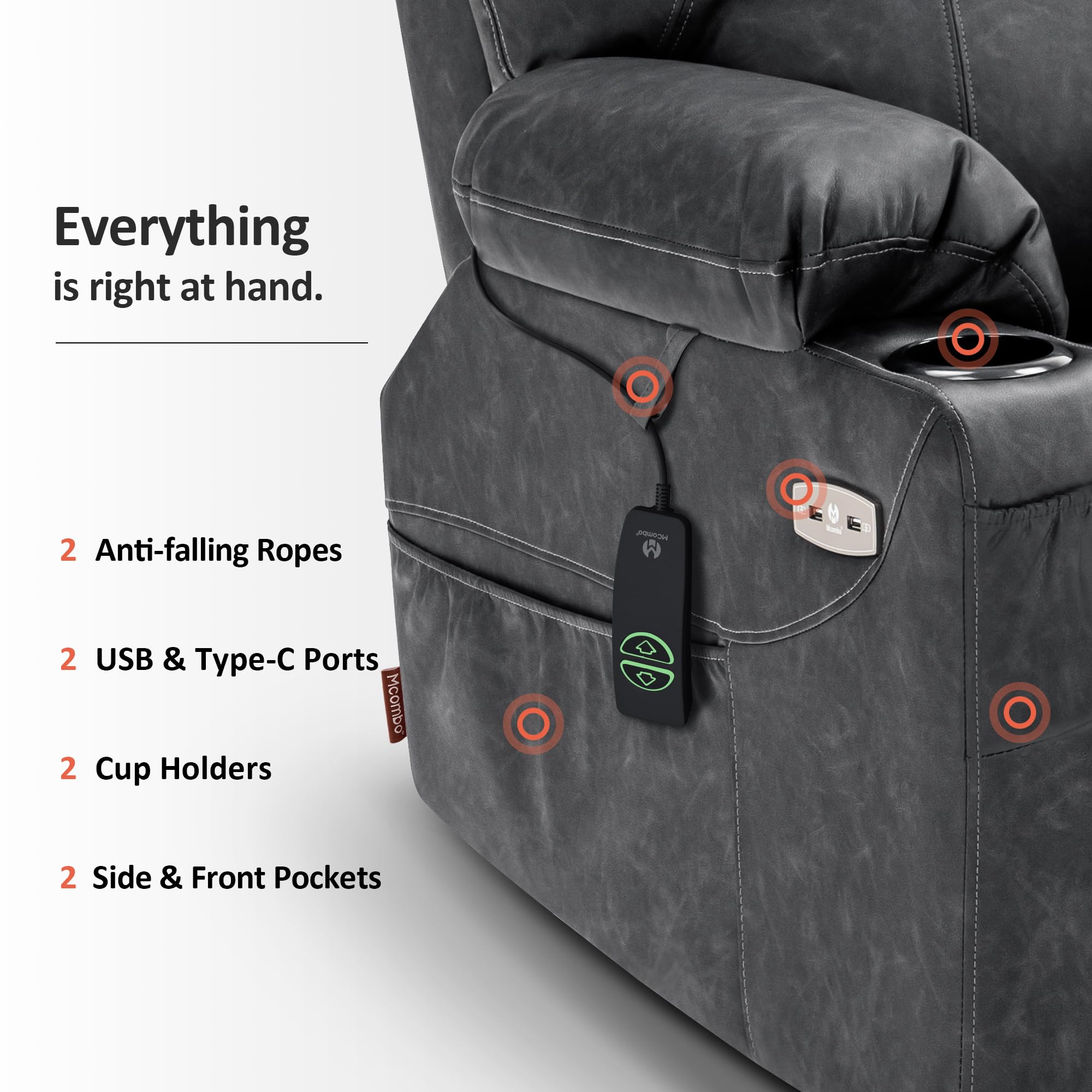 MCombo Electric Power Lift Recliner Chair Sofa with Massage and Heat for Elderly, 3 Positions, 2 Side Pockets, and Cup Holders, USB Ports, Faux Leather 7040 (Light Brown, Medium)