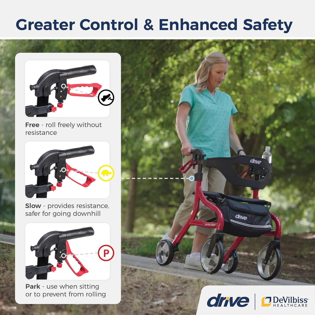 Drive Medical Nitro Sprint Foldable Rollator Walker with Seat, Standard Height Lightweight Large Wheels, Folding Rolling Walker, Red 1 Count 19 pounds