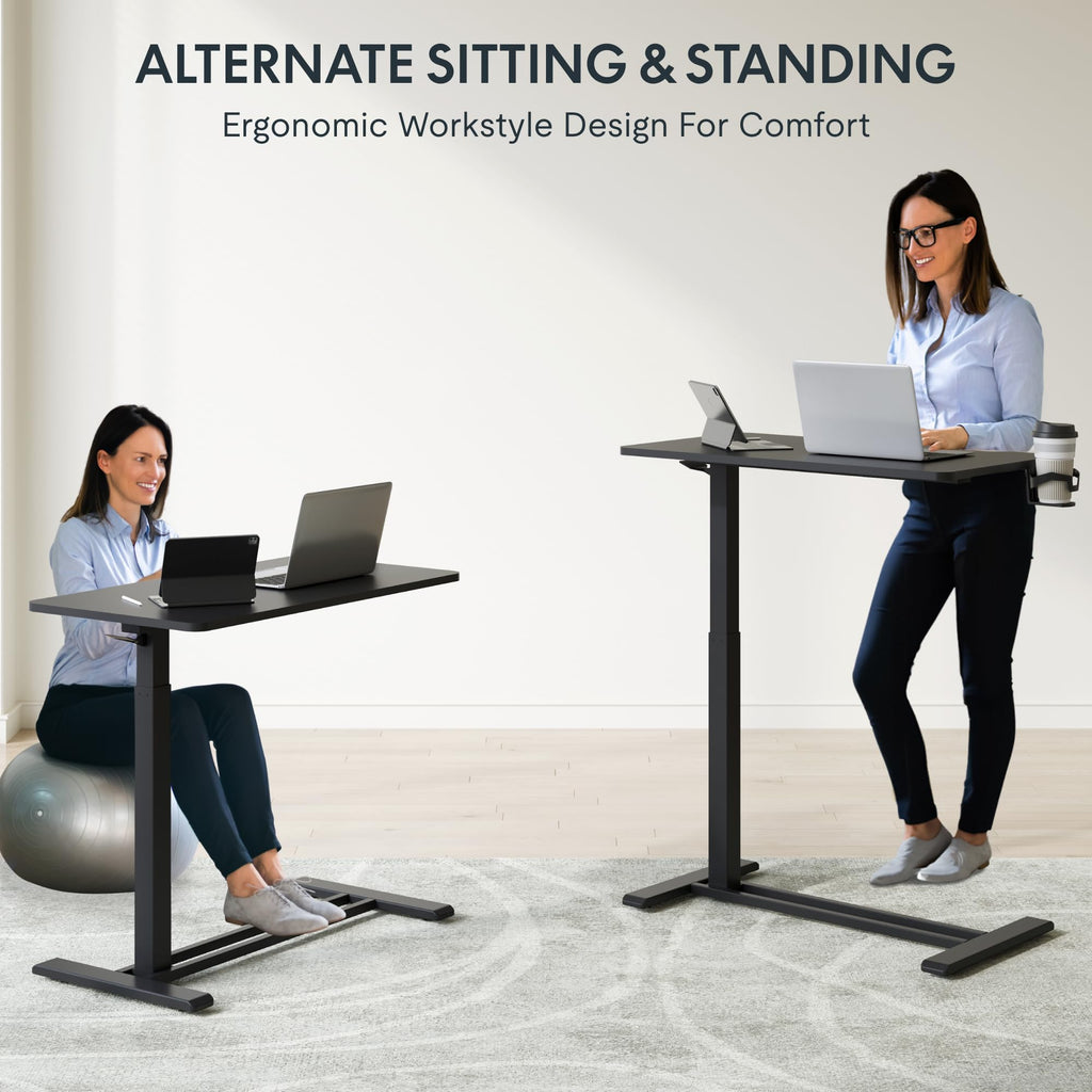 FLEXISPOT H7 Adjustable Overbed Bedside Table with Wheels Pneumatic Mobile Standing Desk Laptop Desk Rolling Computer Cart Movable Overbed Table Hospital Home Use(27.6" W x 15.7" D, White)