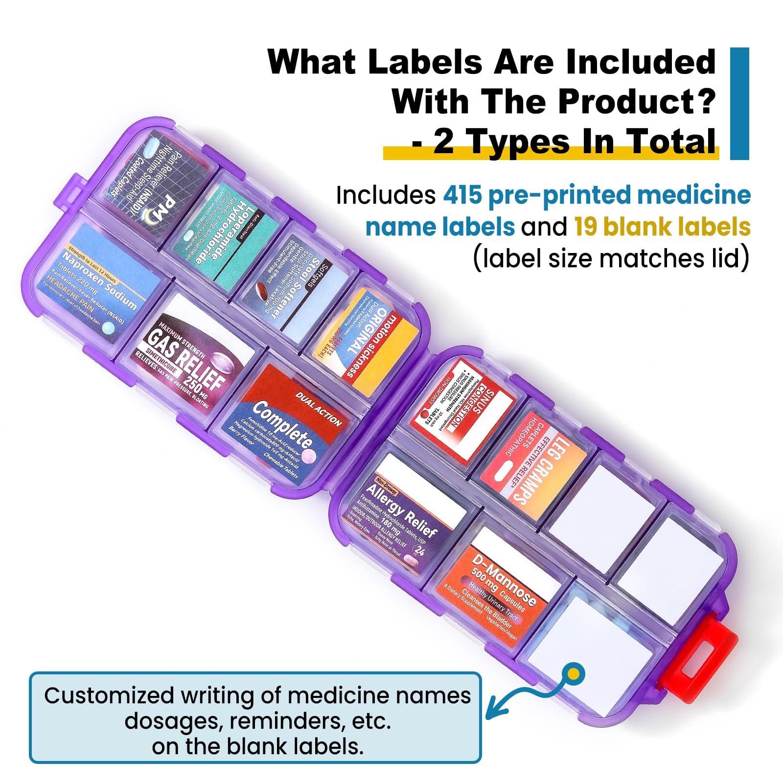 3 Pack 14 Grids Travel Pill Organizer Box with 415-Pcs Medicine Name Labels - Pocket Daily Pharmacy Case Container Kit - Travel Medication Holder Dispenser for Fish Oil Vitamin Supplement Storage