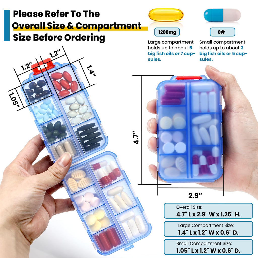 3 Pack 14 Grids Travel Pill Organizer Box with 415-Pcs Medicine Name Labels - Pocket Daily Pharmacy Case Container Kit - Travel Medication Holder Dispenser for Fish Oil Vitamin Supplement Storage