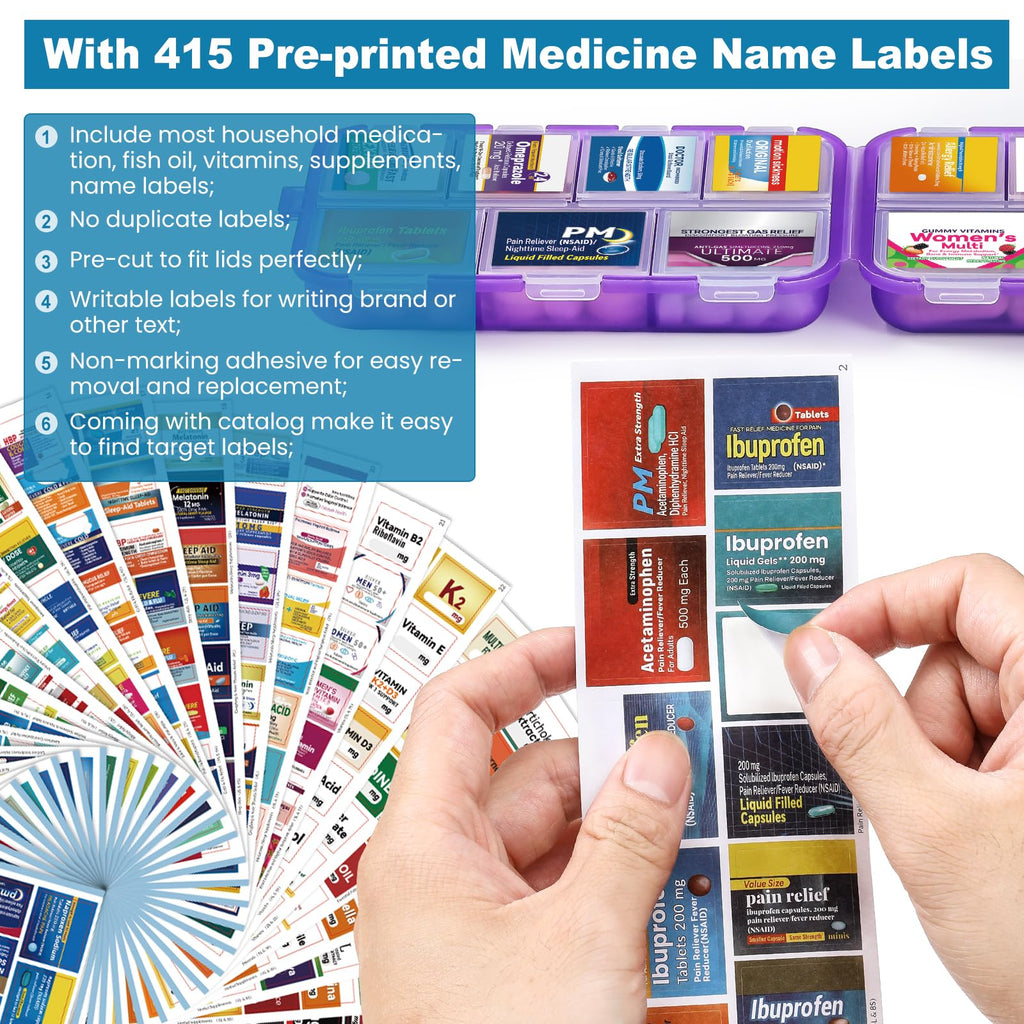 3 Pack 14 Grids Travel Pill Organizer Box with 415-Pcs Medicine Name Labels - Pocket Daily Pharmacy Case Container Kit - Travel Medication Holder Dispenser for Fish Oil Vitamin Supplement Storage
