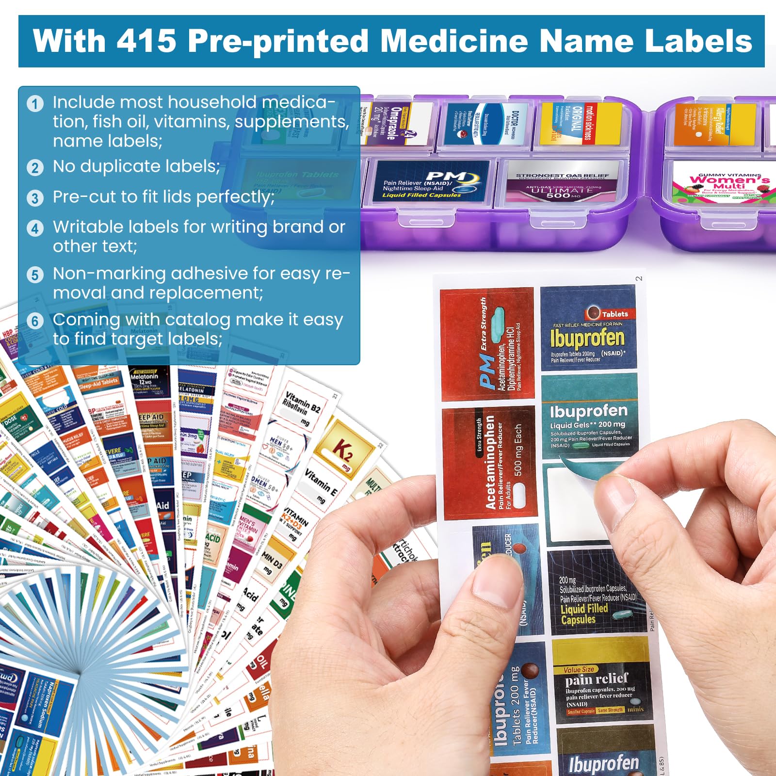 3 Pack 14 Grids Travel Pill Organizer Box with 415-Pcs Medicine Name Labels - Pocket Daily Pharmacy Case Container Kit - Travel Medication Holder Dispenser for Fish Oil Vitamin Supplement Storage