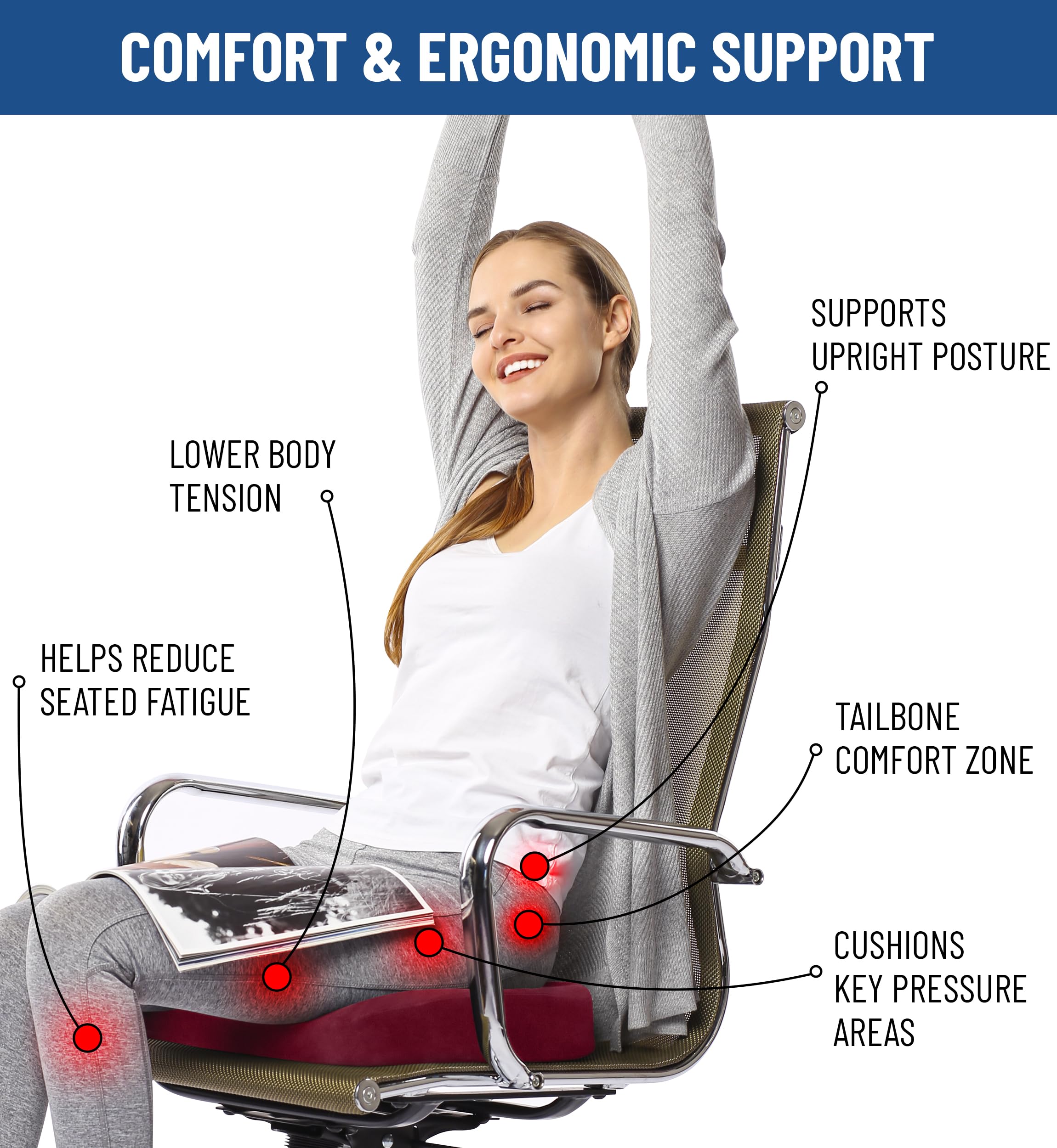Everlasting Comfort Doctor Recommended Memory Foam Seat Cushion for Office Chairs & Car Seat - Ergonomic Office Desk Accessories for Tailbone Pain Relief, Sciatica & Back Support
