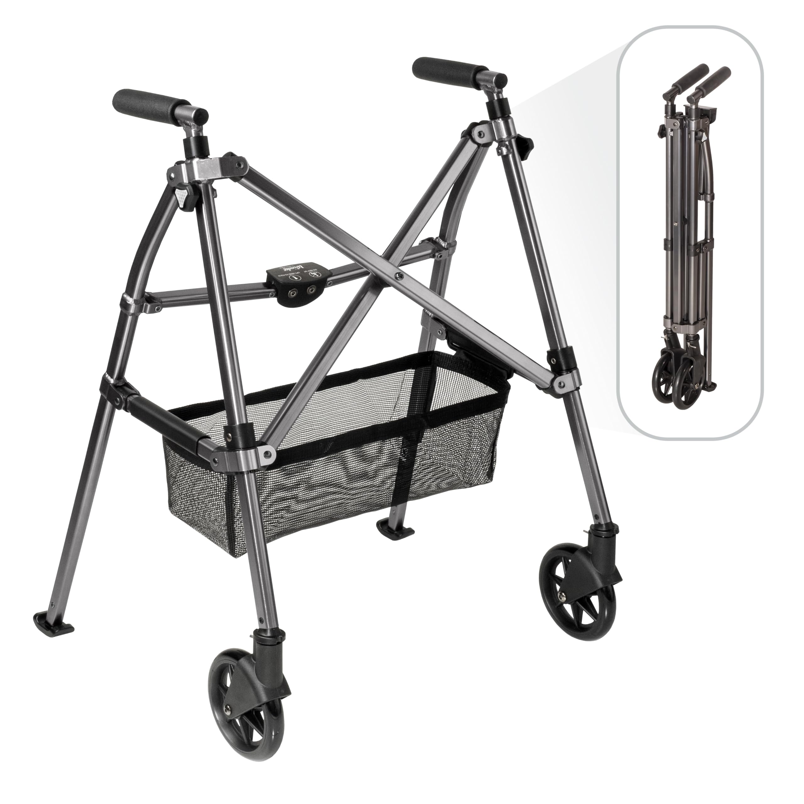 Stander Wonder Walker Plus, Lightweight Folding Mobility Aid for Adults, Seniors, and Elderly, Collapsible Travel EZ Fold-N-Go with Wheels, Glides, & Basket, Black Walnut