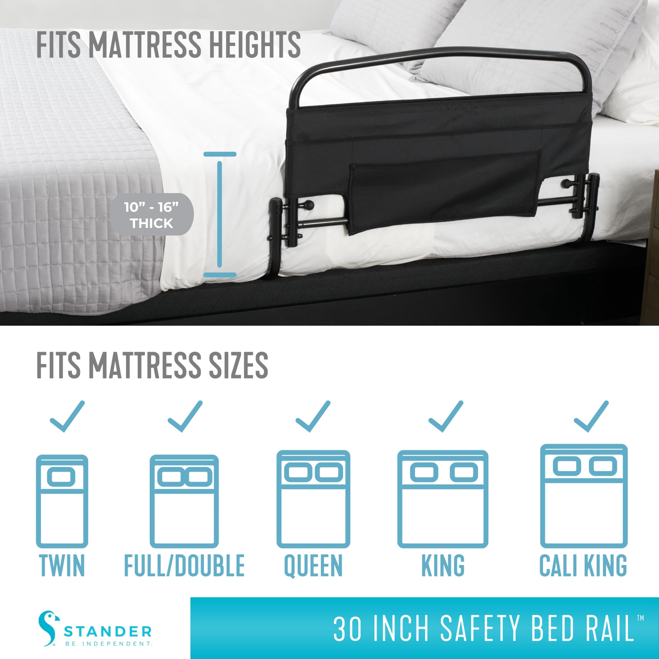 Stander 30inch Safety Bed Rail with Padded Pouch, Folding Guardrail for Adults, Seniors, and Elderly, Bedside Stand Assist Bar, Fits King, Queen, Full, and Twin Beds, ASTM Safety Approved Bedrail
