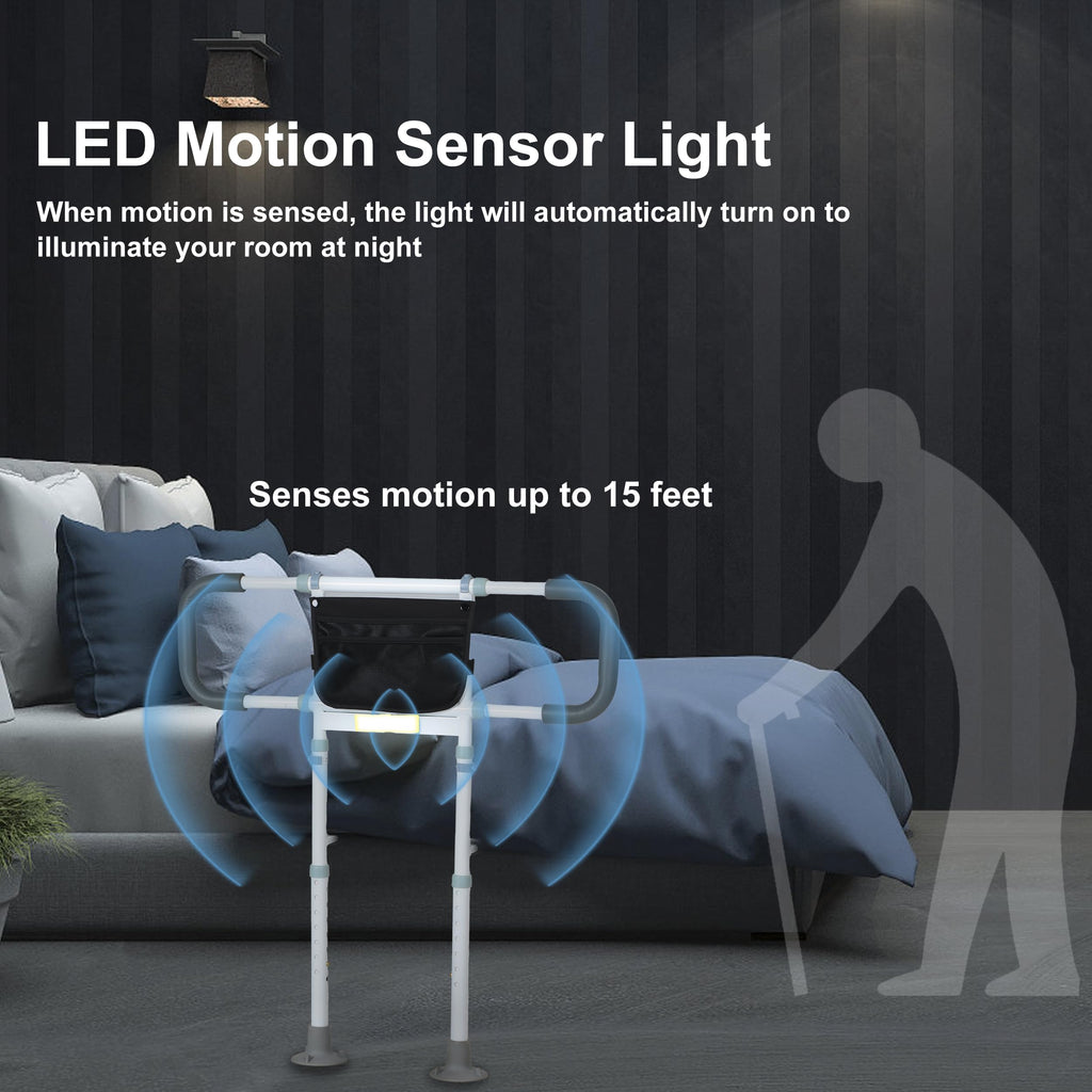 Bed Rails for Elderly Adults Safety - Elderly Assistance Products, Bedrails for Rlderly Adults Grab Bar Bed Handrails, Bed Rail with Pocket, Motion Sensor Light Fits King, Queen, Full, Twin (Black)