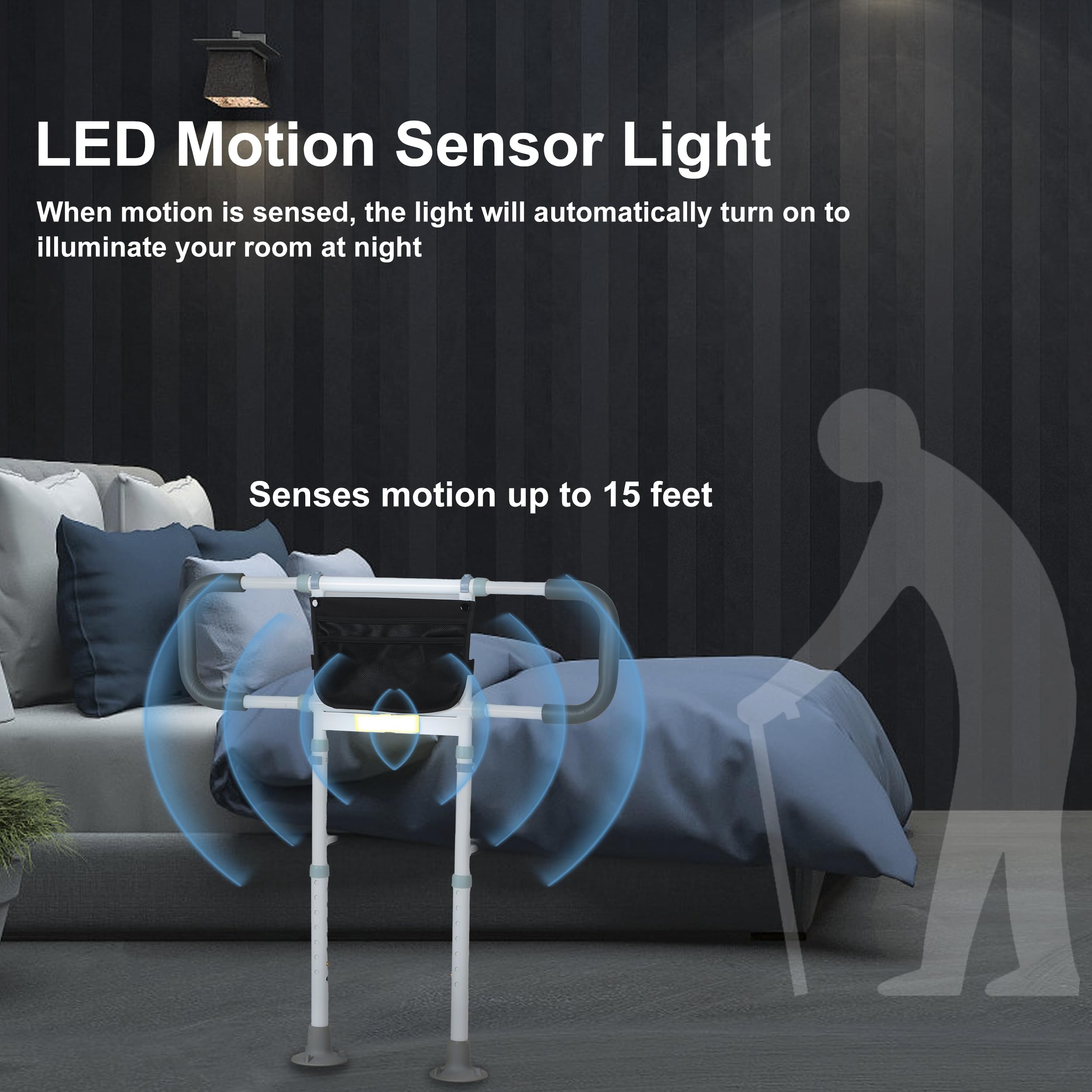 Bed Rails for Elderly Adults Safety - Elderly Assistance Products, Bedrails for Rlderly Adults Grab Bar Bed Handrails, Bed Rail with Pocket, Motion Sensor Light Fits King, Queen, Full, Twin (Black)