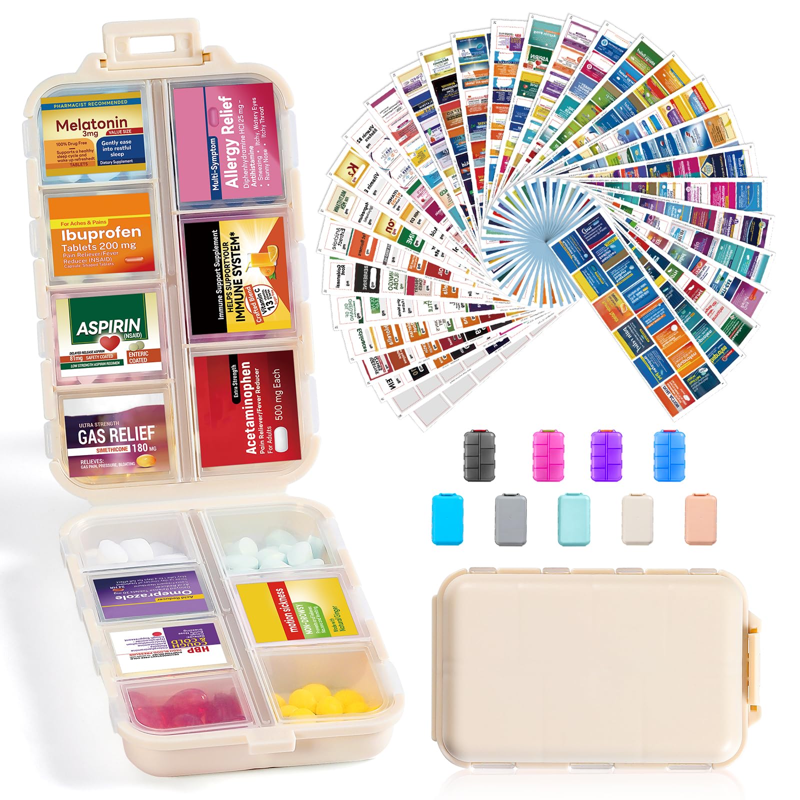 3 Pack 14 Grids Travel Pill Organizer Box with 415-Pcs Medicine Name Labels - Pocket Daily Pharmacy Case Container Kit - Travel Medication Holder Dispenser for Fish Oil Vitamin Supplement Storage