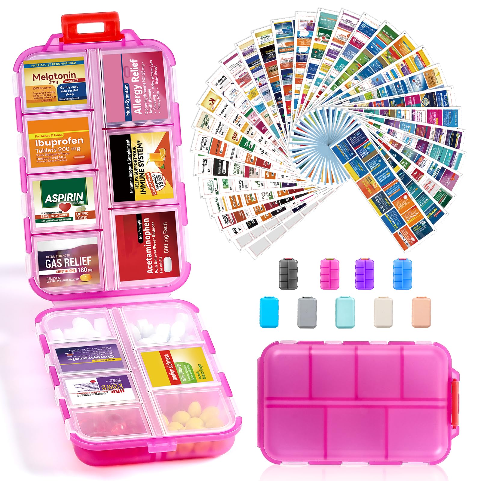 3 Pack 14 Grids Travel Pill Organizer Box with 415-Pcs Medicine Name Labels - Pocket Daily Pharmacy Case Container Kit - Travel Medication Holder Dispenser for Fish Oil Vitamin Supplement Storage