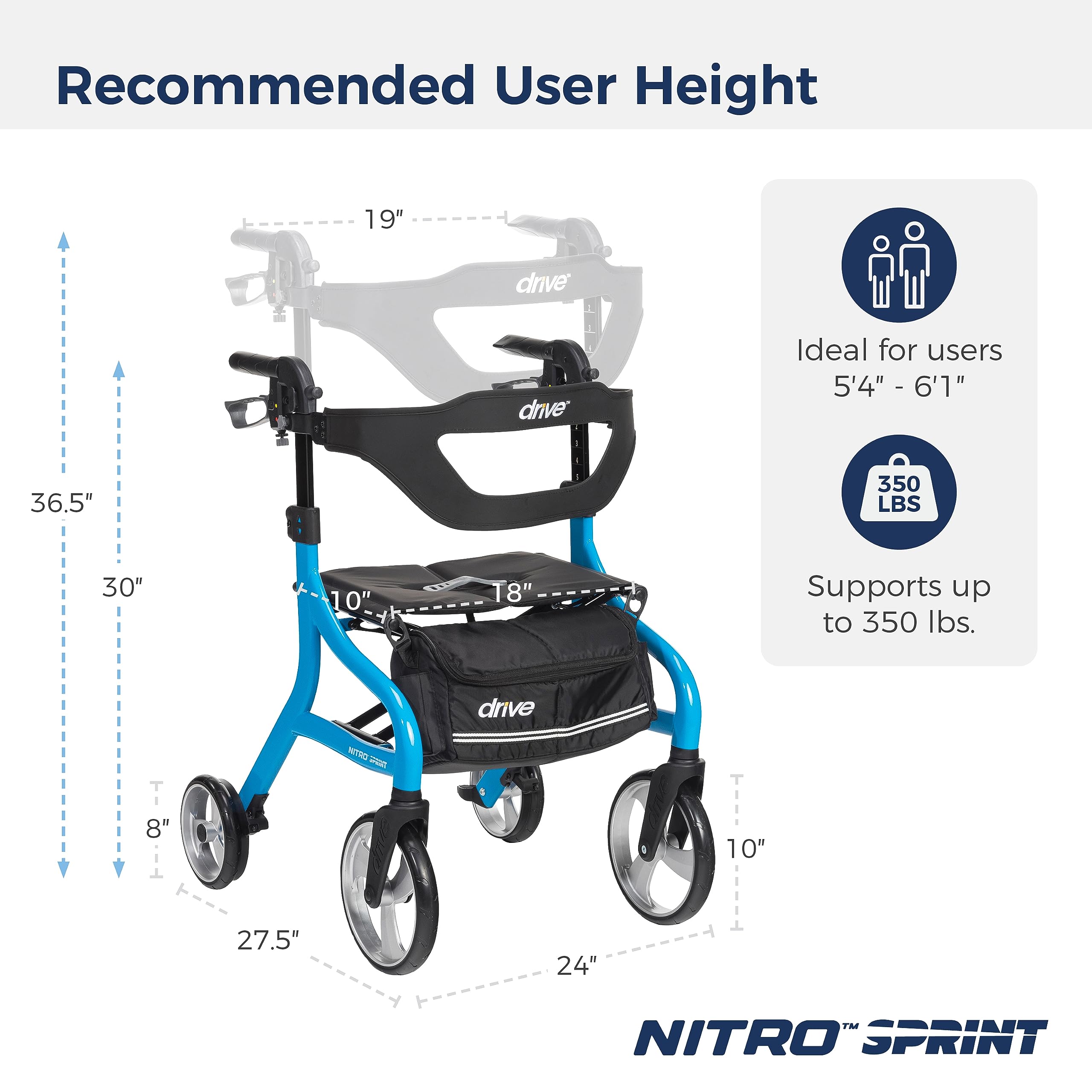 Drive Medical Nitro Sprint Foldable Rollator Walker with Seat, Standard Height Lightweight Large Wheels, Folding Rolling Walker, Red 1 Count 19 pounds