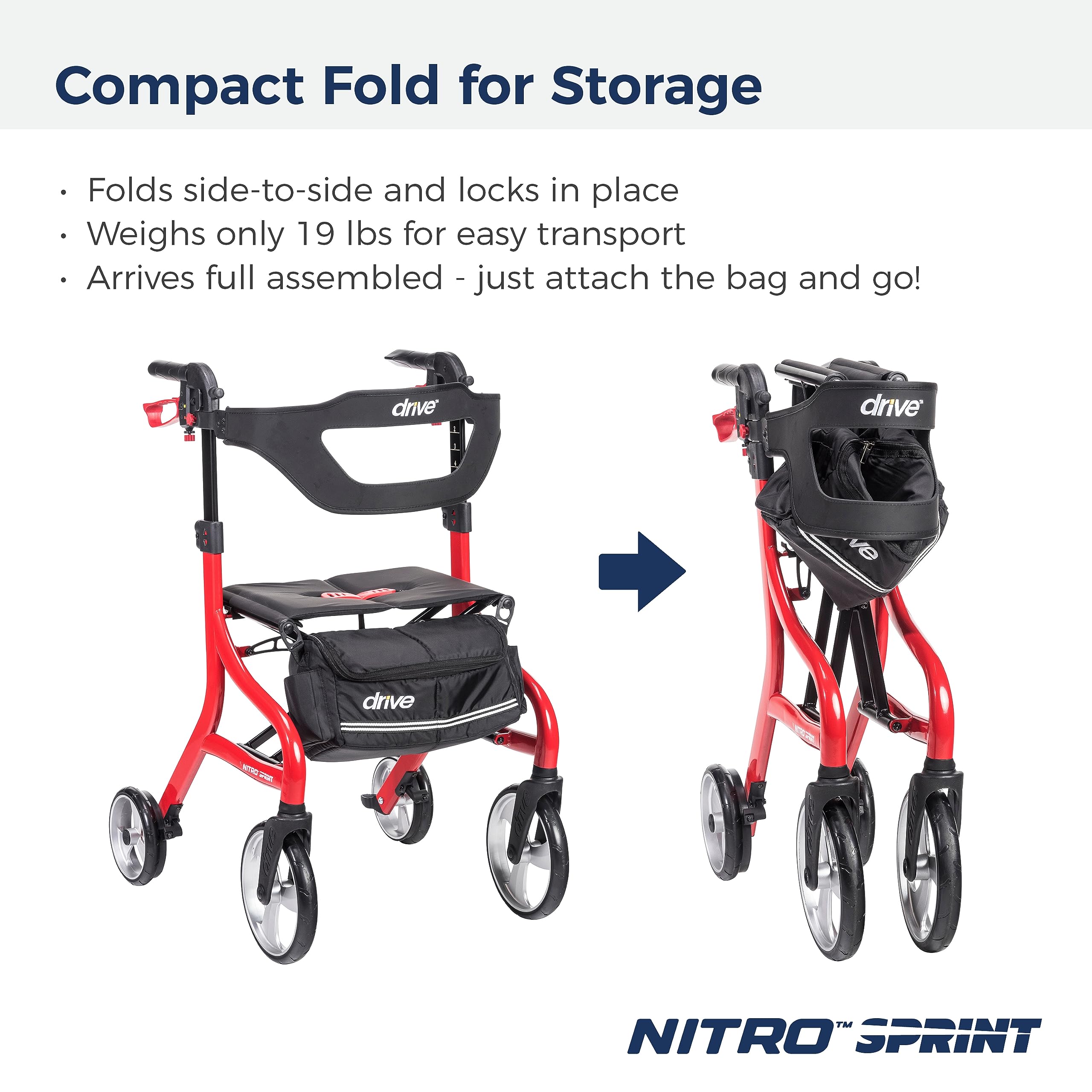 Drive Medical Nitro Sprint Foldable Rollator Walker with Seat, Standard Height Lightweight Large Wheels, Folding Rolling Walker, Red 1 Count 19 pounds