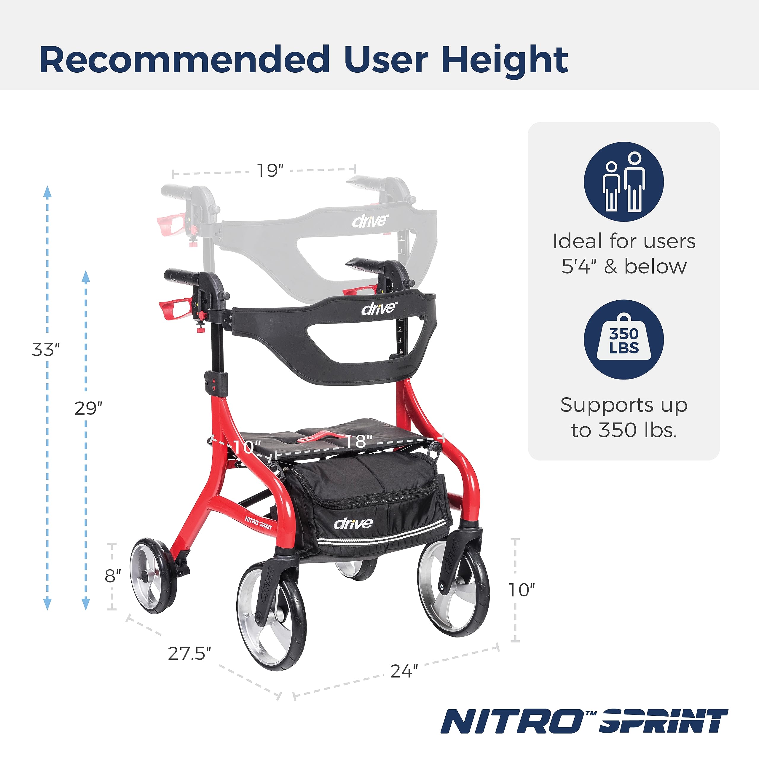 Drive Medical Nitro Sprint Foldable Rollator Walker with Seat, Standard Height Lightweight Large Wheels, Folding Rolling Walker, Red 1 Count 19 pounds