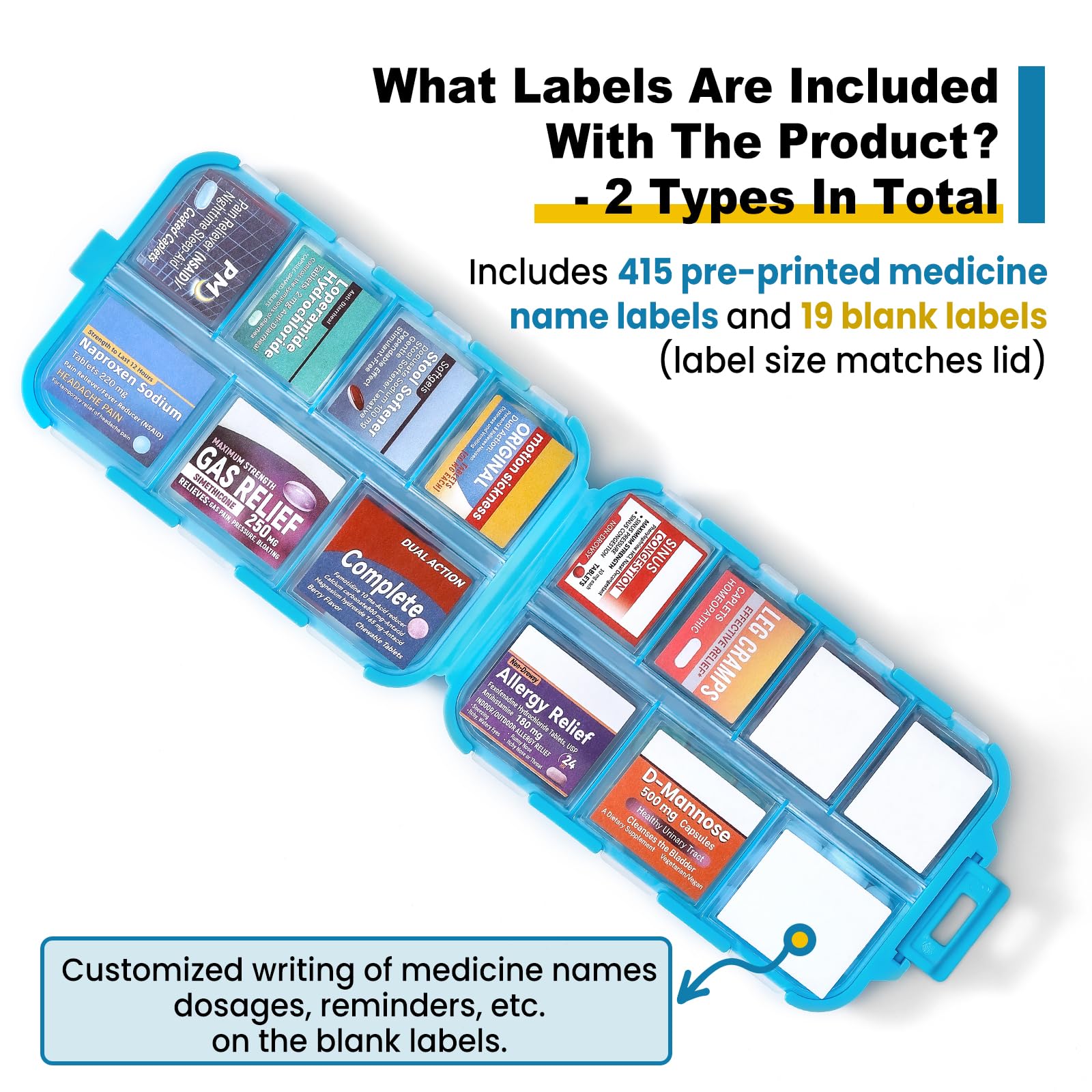 3 Pack 14 Grids Travel Pill Organizer Box with 415-Pcs Medicine Name Labels - Pocket Daily Pharmacy Case Container Kit - Travel Medication Holder Dispenser for Fish Oil Vitamin Supplement Storage