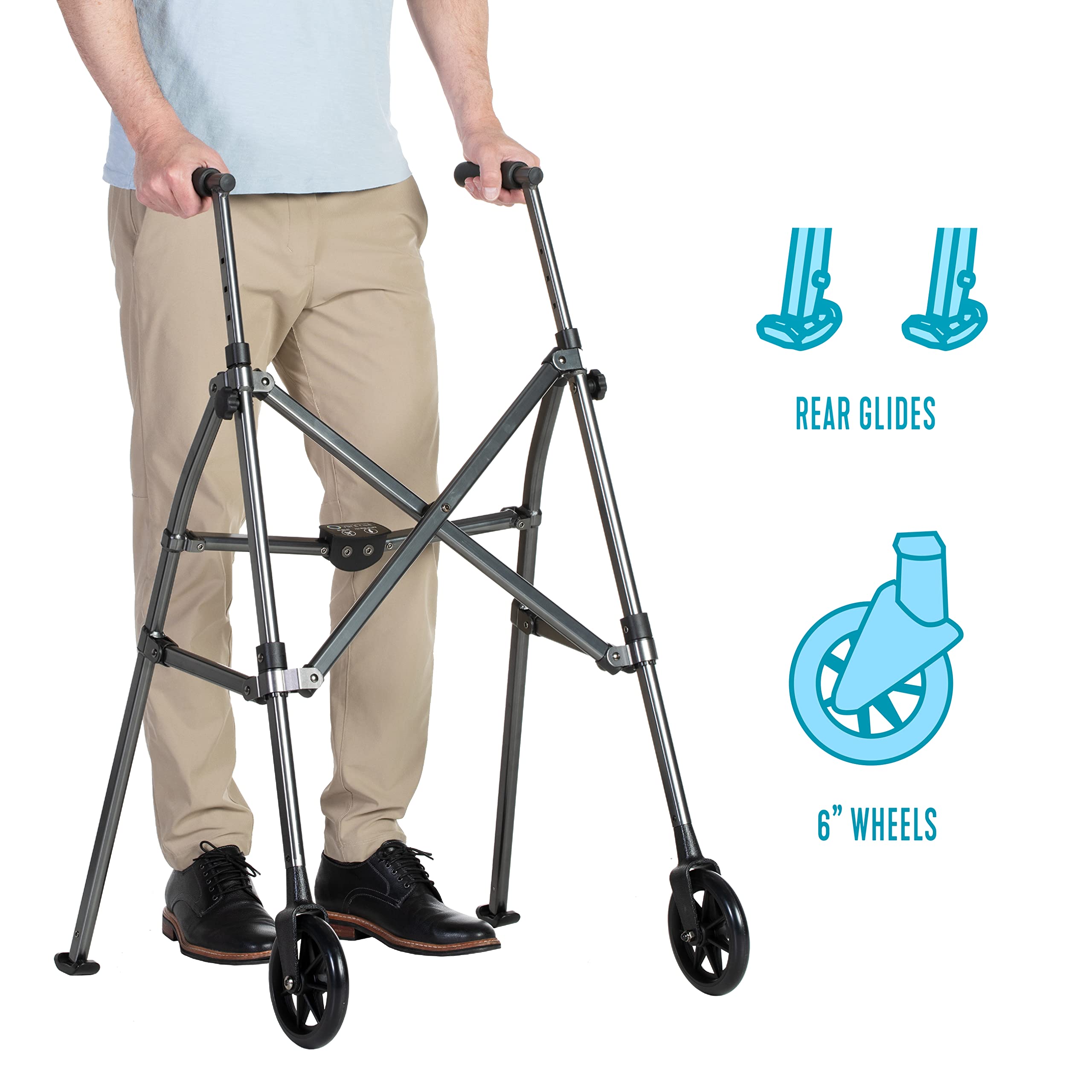 Stander Space Saver Walker, Lightweight Folding Rolling Mobility Aid for Seniors & Adults, Compact 2-Wheel Disability Device with 6-inch Wheels & Ski Glides for Walking Support, Cobalt Blue