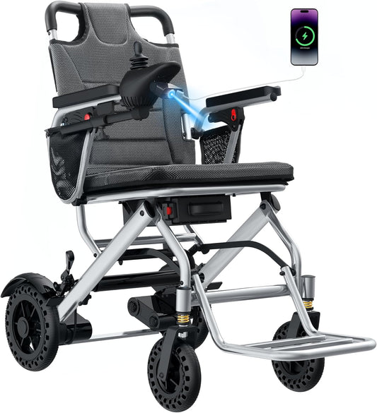 33 lbs Ultra-Lightweight Electric Wheelchair, 15 Miles Range All-Terrain Motorized Wheelchair for Seniors & Adults, 360W Motor Foldable Power Wheelchair with LED Light, Airline Approved
