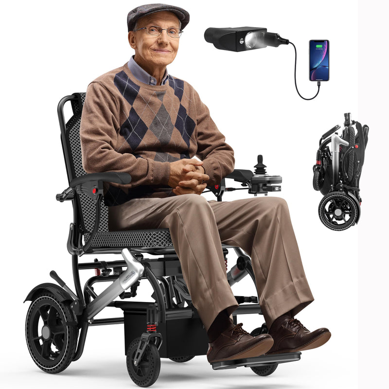 Electric Wheelchairs for Adults, Power Motorized Foldable Wheelchairs for Seniors Support 350 LBS, Only 36LBS Weight,15 Miles Range, Airline Approval & 500W Brushless Motors& LED Light(SiIver)