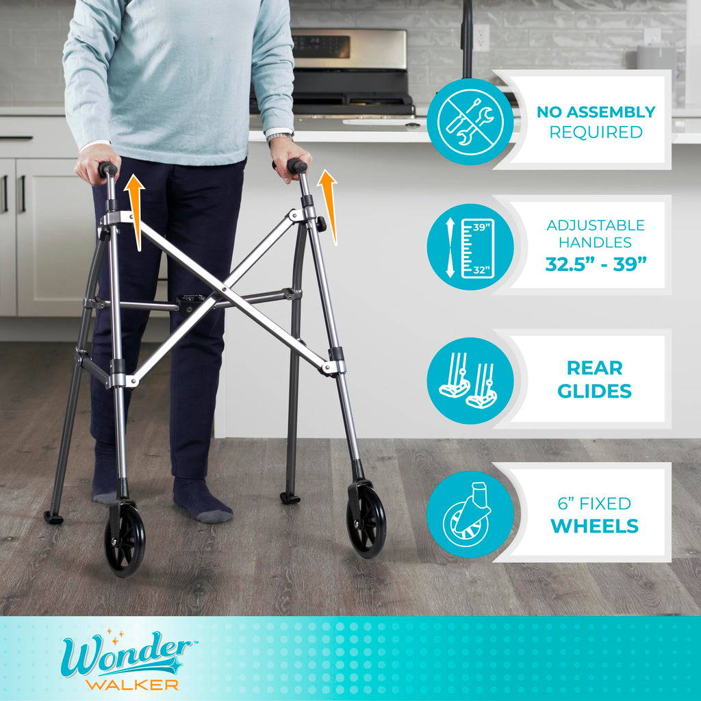 Stander Space Saver Walker, Lightweight Folding Rolling Mobility Aid for Seniors & Adults, Compact 2-Wheel Disability Device with 6-inch Wheels & Ski Glides for Walking Support, Cobalt Blue
