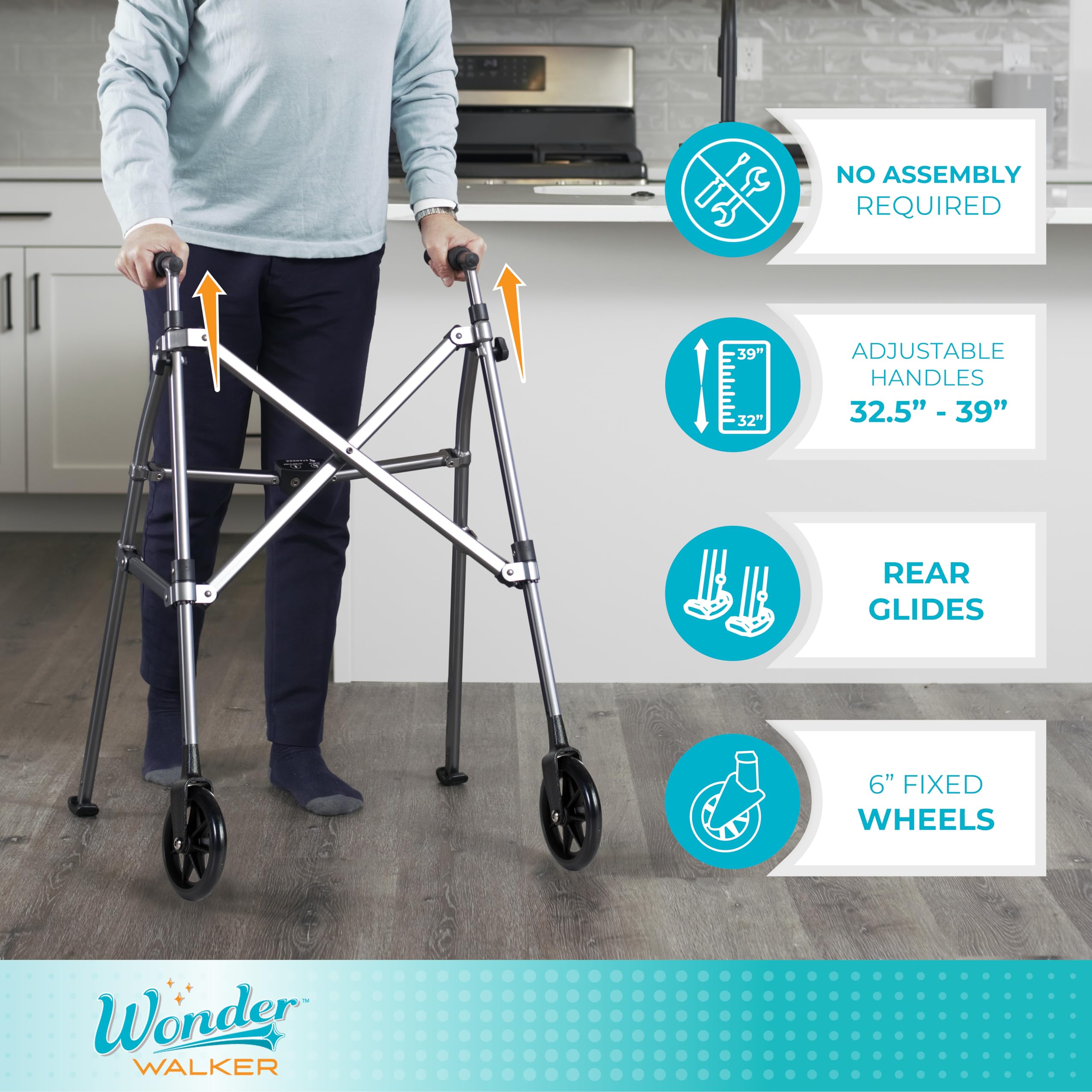Stander Space Saver Walker, Lightweight Folding Rolling Mobility Aid for Seniors & Adults, Compact 2-Wheel Disability Device with 6-inch Wheels & Ski Glides for Walking Support, Cobalt Blue