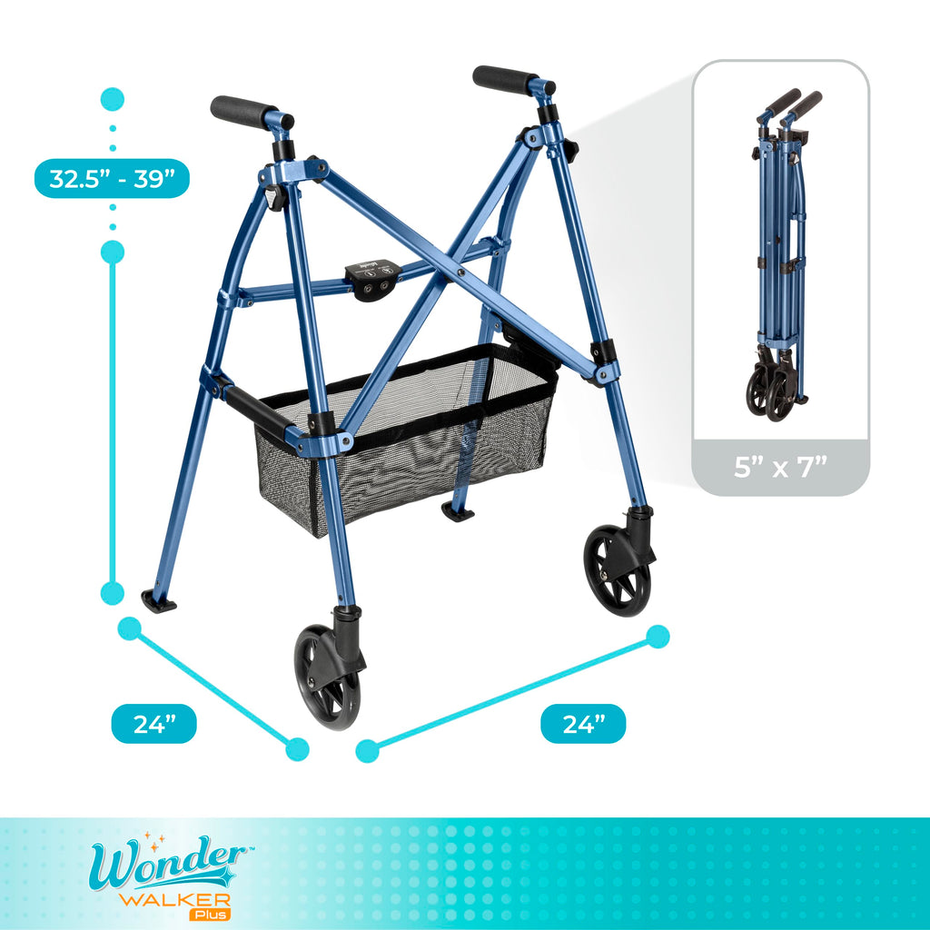 Stander Wonder Walker Plus, Lightweight Folding Mobility Aid for Adults, Seniors, and Elderly, Collapsible Travel EZ Fold-N-Go with Wheels, Glides, & Basket, Black Walnut