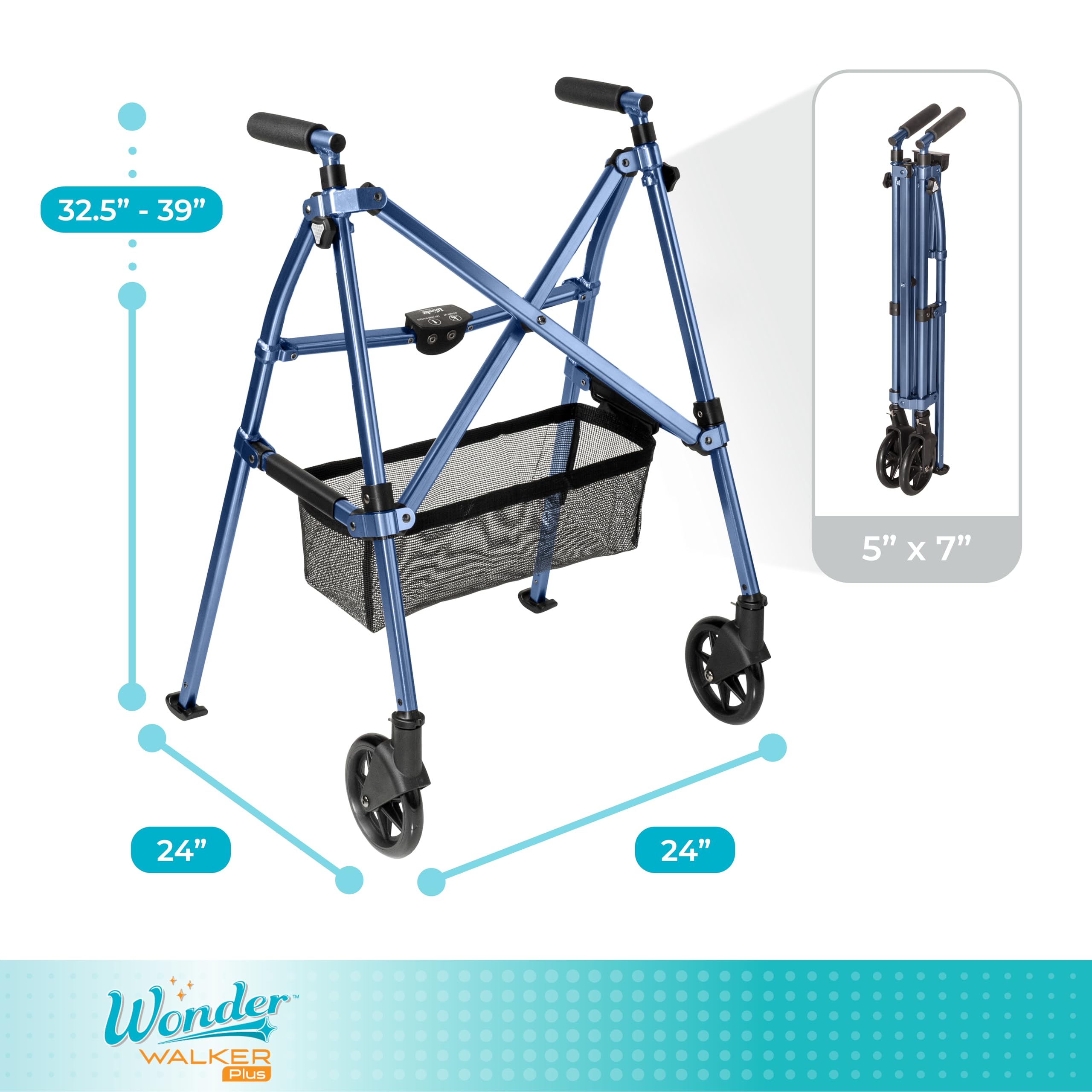 Stander Wonder Walker Plus, Lightweight Folding Mobility Aid for Adults, Seniors, and Elderly, Collapsible Travel EZ Fold-N-Go with Wheels, Glides, & Basket, Black Walnut