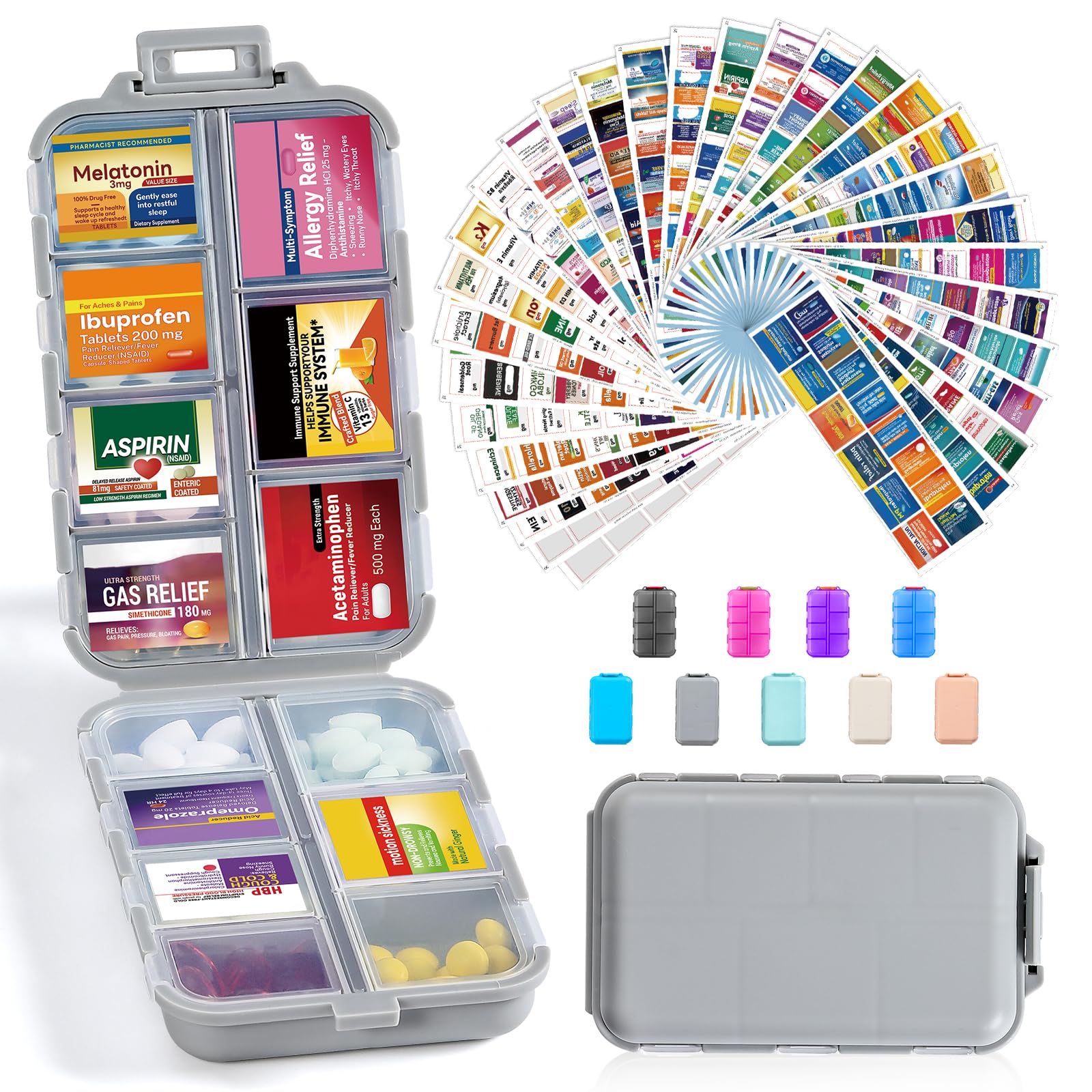 3 Pack 14 Grids Travel Pill Organizer Box with 415-Pcs Medicine Name Labels - Pocket Daily Pharmacy Case Container Kit - Travel Medication Holder Dispenser for Fish Oil Vitamin Supplement Storage