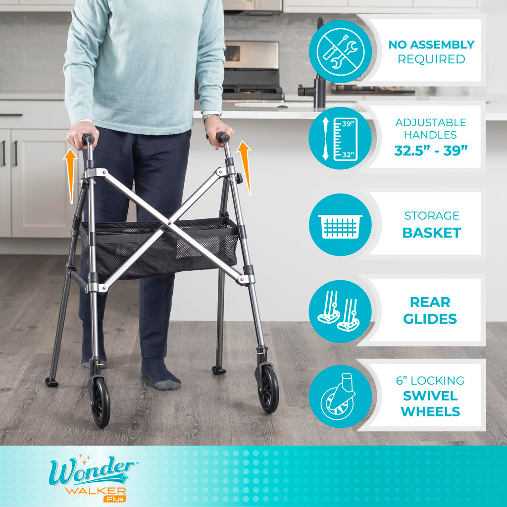 Stander Wonder Walker Plus, Lightweight Folding Mobility Aid for Adults, Seniors, and Elderly, Collapsible Travel EZ Fold-N-Go with Wheels, Glides, & Basket, Black Walnut