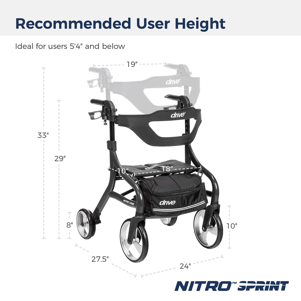 Drive Medical Nitro Sprint Foldable Rollator Walker with Seat, Standard Height Lightweight Large Wheels, Folding Rolling Walker, Red 1 Count 19 pounds