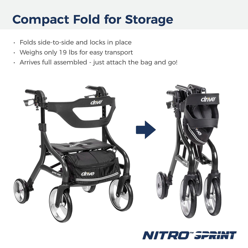 Drive Medical Nitro Sprint Foldable Rollator Walker with Seat, Standard Height Lightweight Large Wheels, Folding Rolling Walker, Red 1 Count 19 pounds