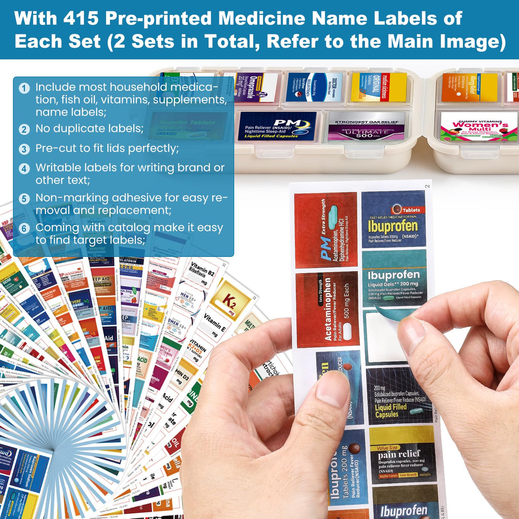 3 Pack 14 Grids Travel Pill Organizer Box with 415-Pcs Medicine Name Labels - Pocket Daily Pharmacy Case Container Kit - Travel Medication Holder Dispenser for Fish Oil Vitamin Supplement Storage