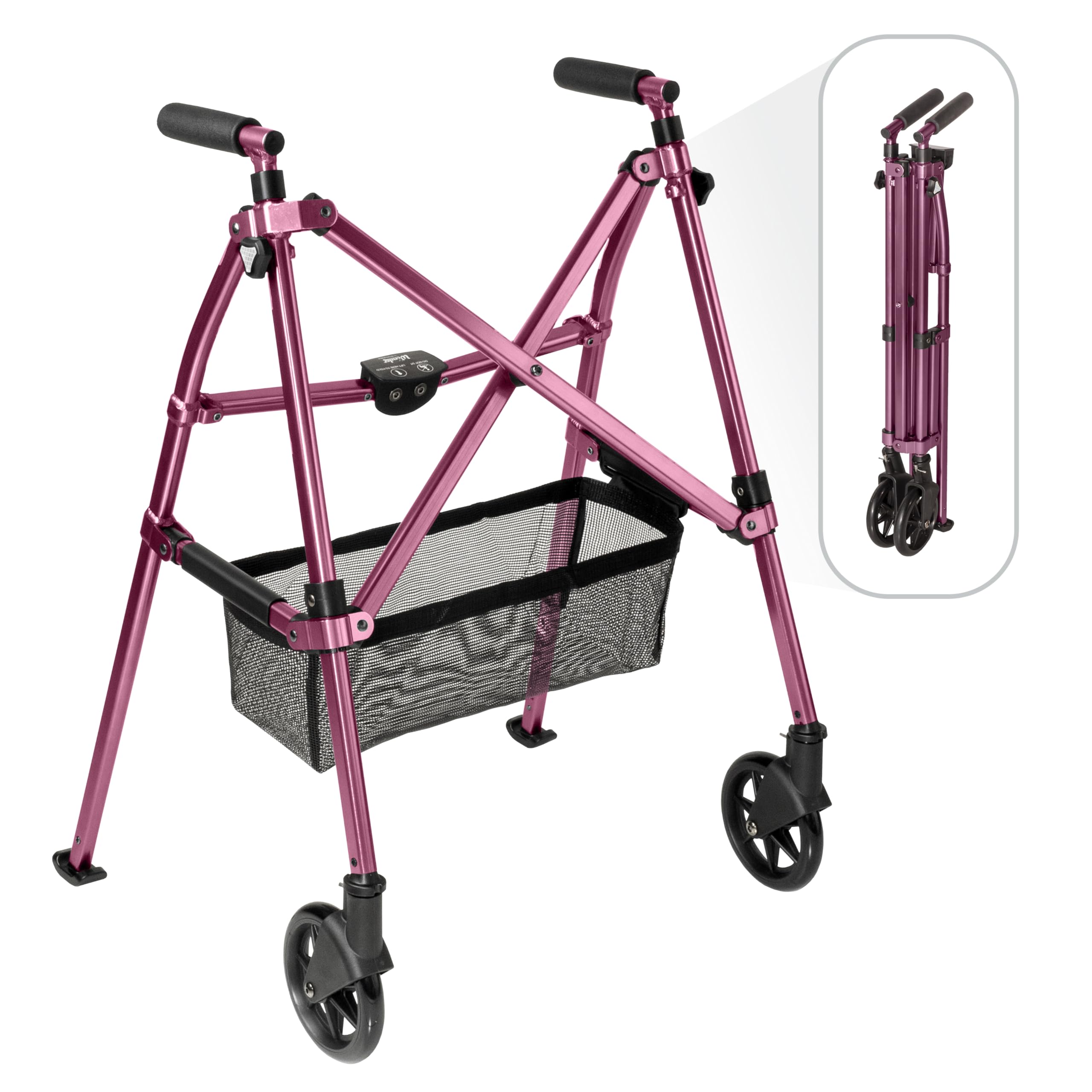 Stander Wonder Walker Plus, Lightweight Folding Mobility Aid for Adults, Seniors, and Elderly, Collapsible Travel EZ Fold-N-Go with Wheels, Glides, & Basket, Black Walnut
