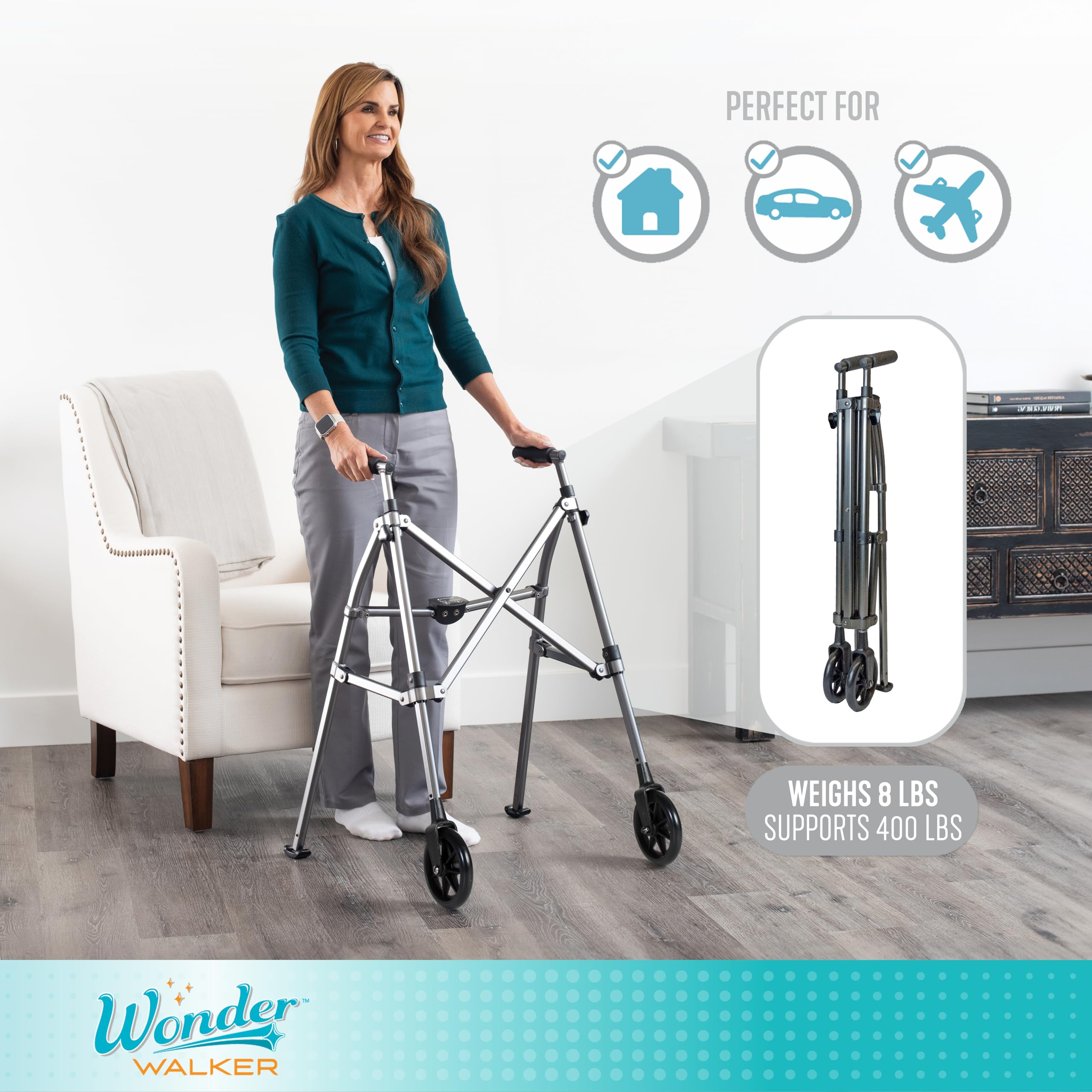 Stander Space Saver Walker, Lightweight Folding Rolling Mobility Aid for Seniors & Adults, Compact 2-Wheel Disability Device with 6-inch Wheels & Ski Glides for Walking Support, Cobalt Blue
