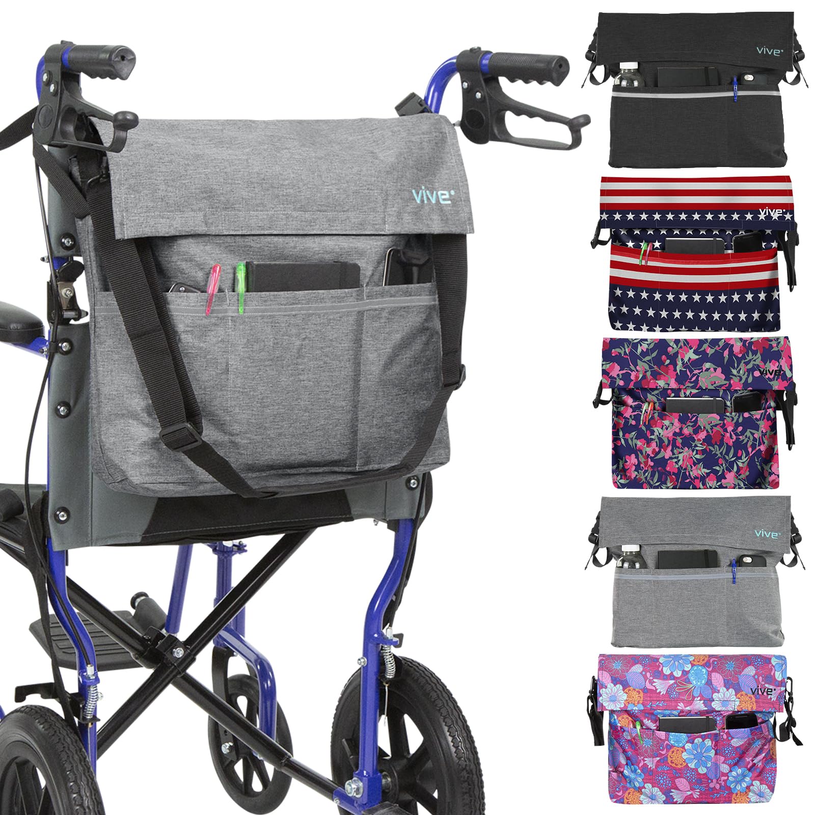 Vive XL Wheelchair Bag - Waterproof, Scratch-Resistant, Double-Stitched, Machine Washable Accessory for Adults, Seniors, 15 Colors - Storage Walker Backpack to Hang on Back of Wheel Chair