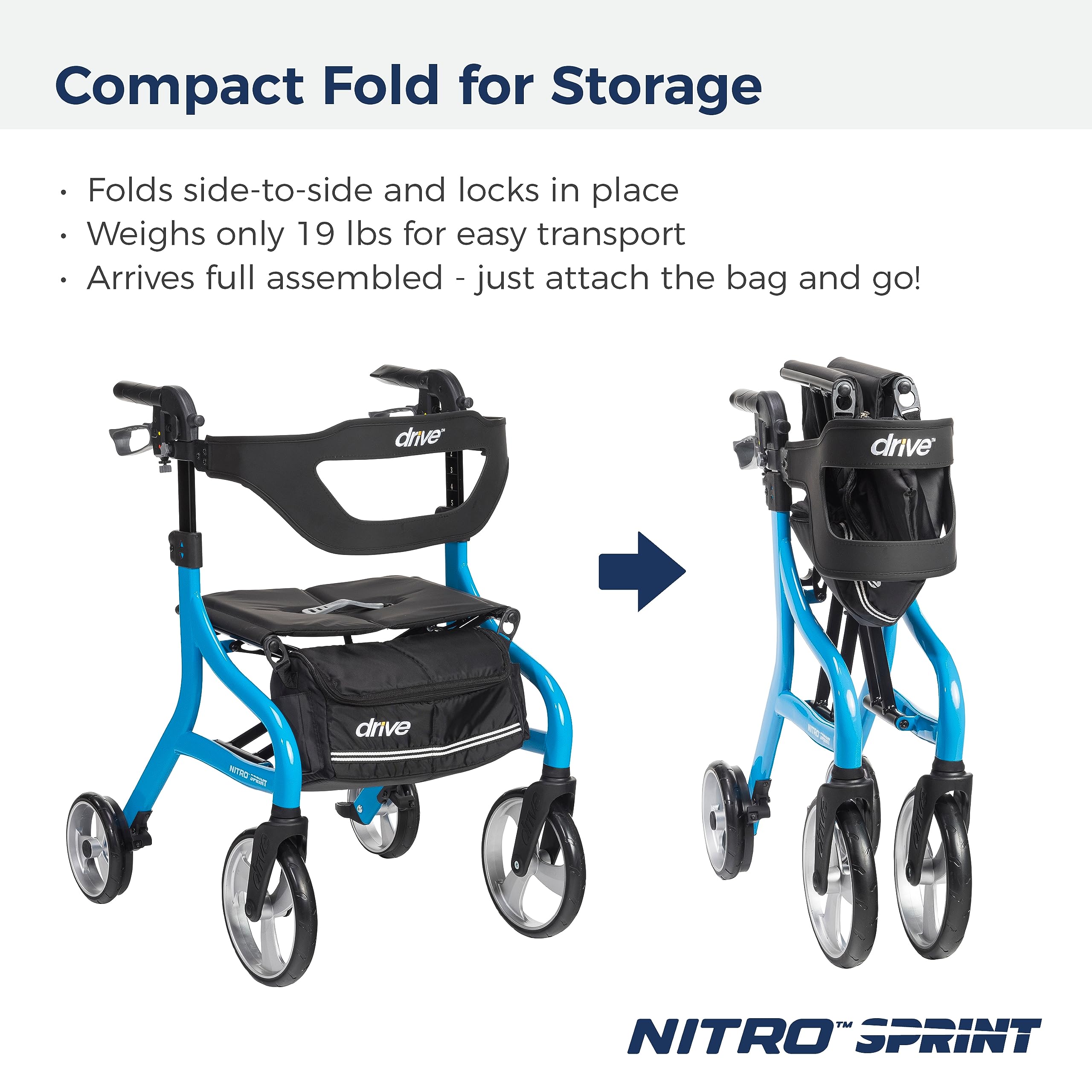 Drive Medical Nitro Sprint Foldable Rollator Walker with Seat, Standard Height Lightweight Large Wheels, Folding Rolling Walker, Red 1 Count 19 pounds