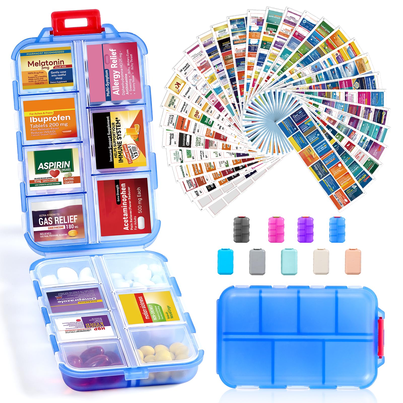 3 Pack 14 Grids Travel Pill Organizer Box with 415-Pcs Medicine Name Labels - Pocket Daily Pharmacy Case Container Kit - Travel Medication Holder Dispenser for Fish Oil Vitamin Supplement Storage