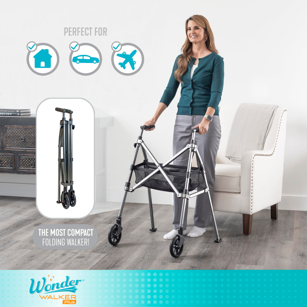 Stander Wonder Walker Plus, Lightweight Folding Mobility Aid for Adults, Seniors, and Elderly, Collapsible Travel EZ Fold-N-Go with Wheels, Glides, & Basket, Black Walnut