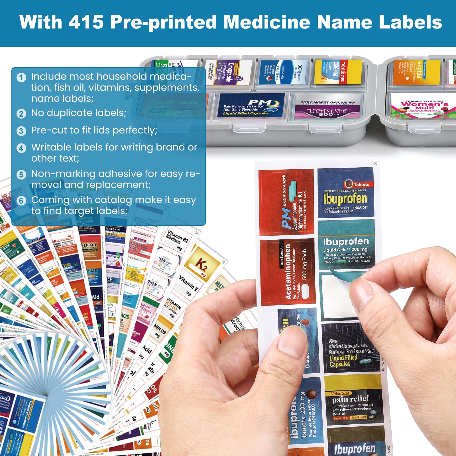 3 Pack 14 Grids Travel Pill Organizer Box with 415-Pcs Medicine Name Labels - Pocket Daily Pharmacy Case Container Kit - Travel Medication Holder Dispenser for Fish Oil Vitamin Supplement Storage