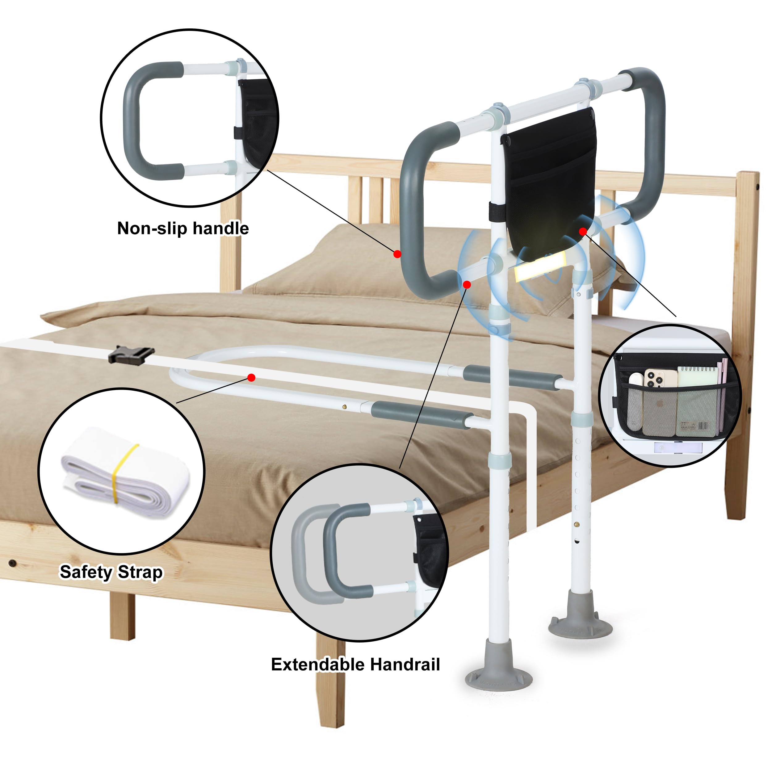 Bed Rails for Elderly Adults Safety - Elderly Assistance Products, Bedrails for Rlderly Adults Grab Bar Bed Handrails, Bed Rail with Pocket, Motion Sensor Light Fits King, Queen, Full, Twin (Black)