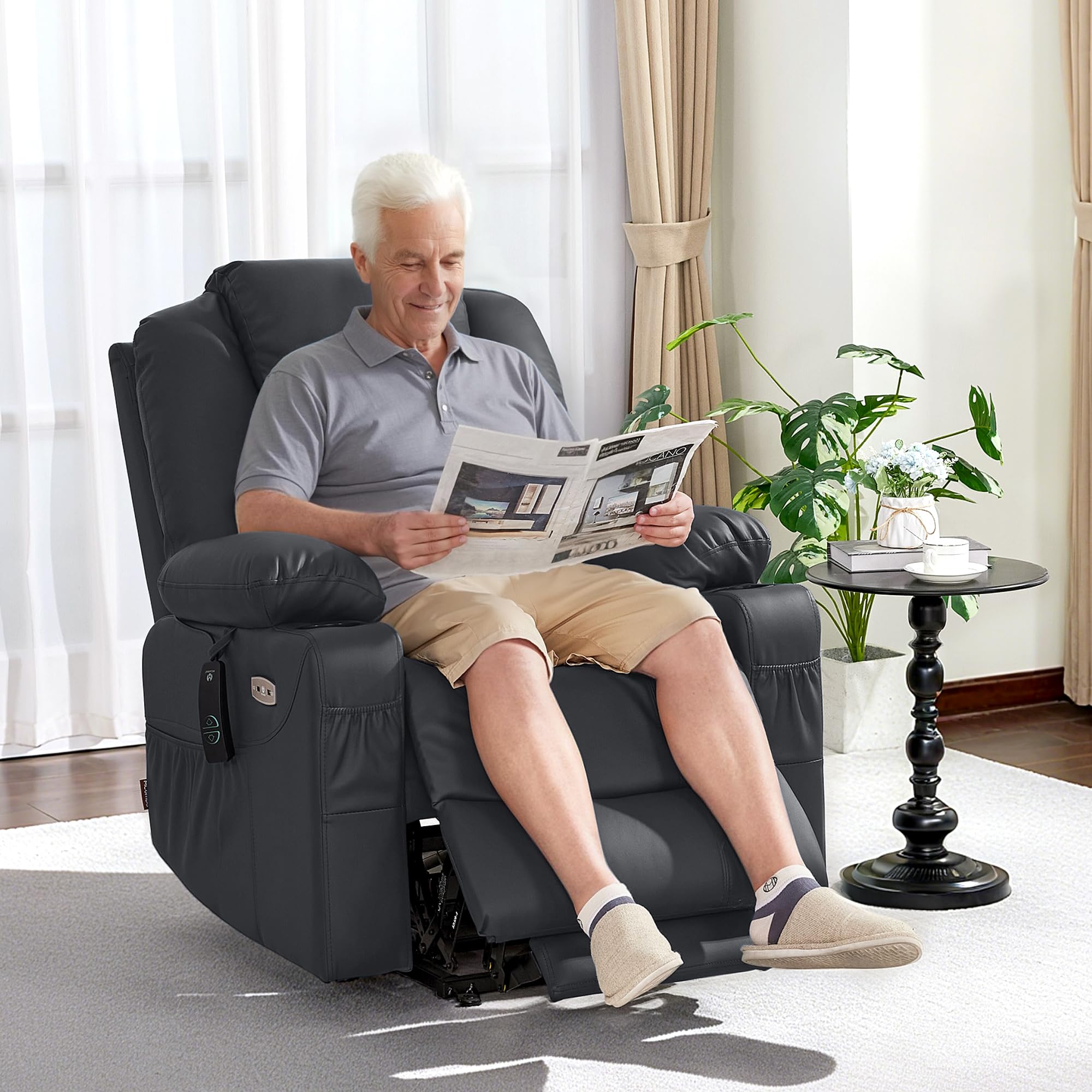 MCombo Electric Power Lift Recliner Chair Sofa with Massage and Heat for Elderly, 3 Positions, 2 Side Pockets, and Cup Holders, USB Ports, Faux Leather 7040 (Light Brown, Medium)