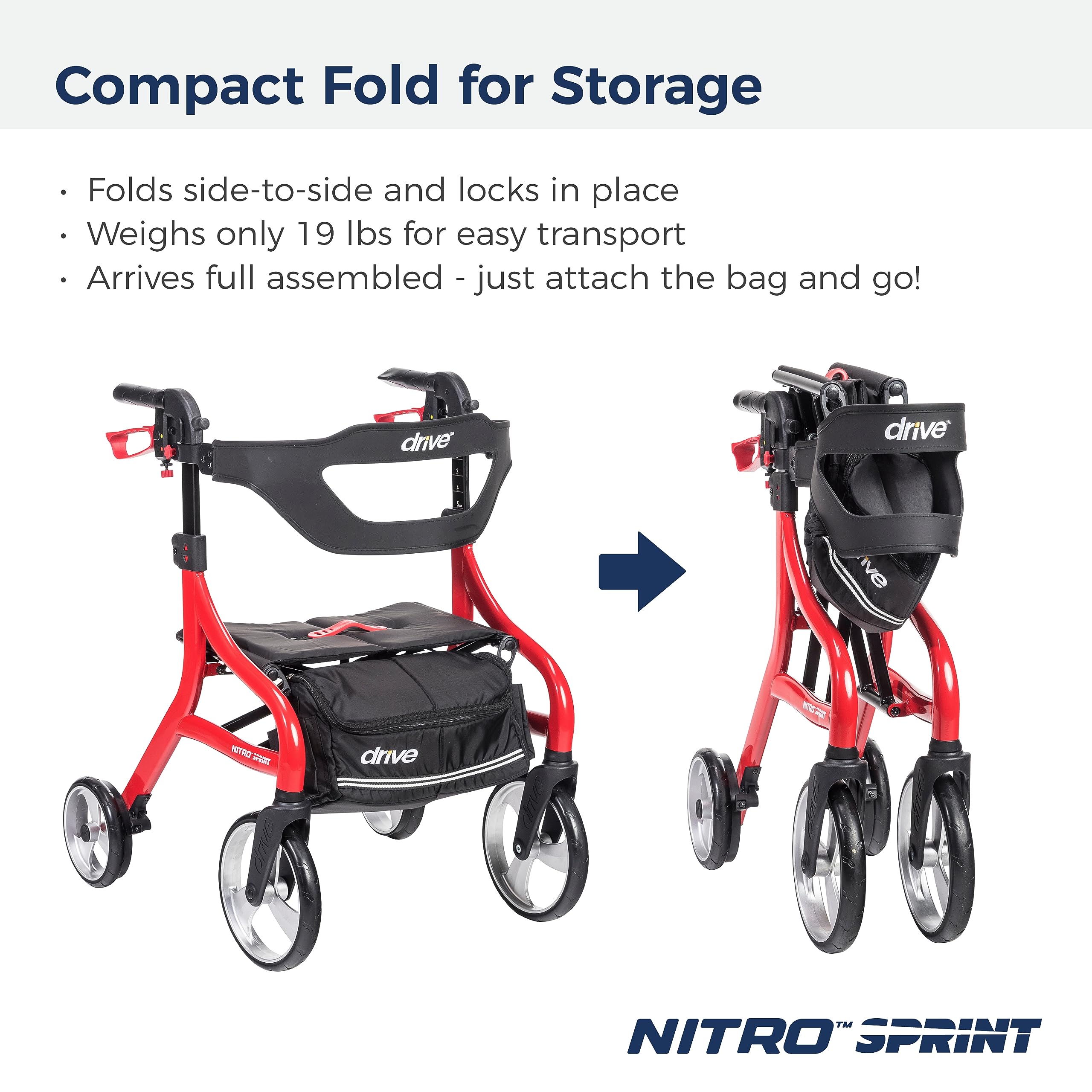 Drive Medical Nitro Sprint Foldable Rollator Walker with Seat, Standard Height Lightweight Large Wheels, Folding Rolling Walker, Red 1 Count 19 pounds
