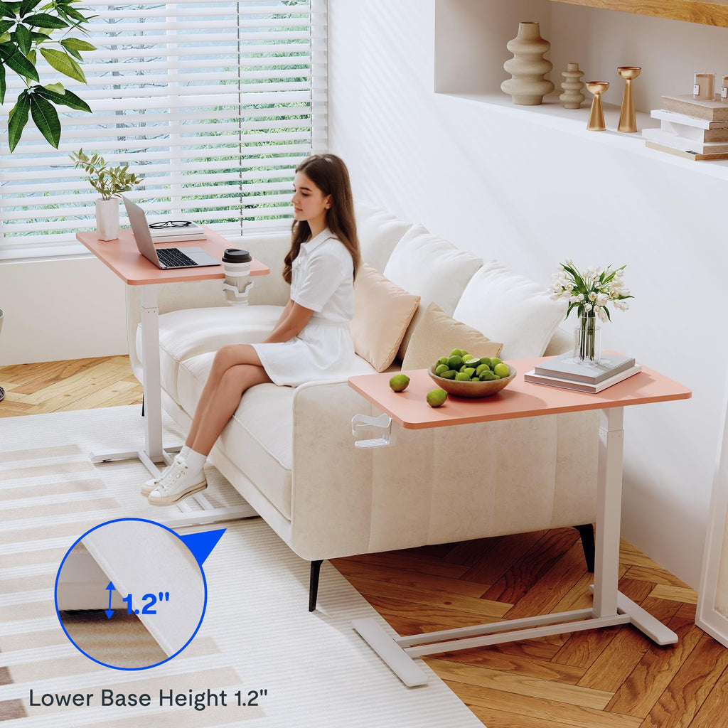 FLEXISPOT H7 Adjustable Overbed Bedside Table with Wheels Pneumatic Mobile Standing Desk Laptop Desk Rolling Computer Cart Movable Overbed Table Hospital Home Use(27.6" W x 15.7" D, White)