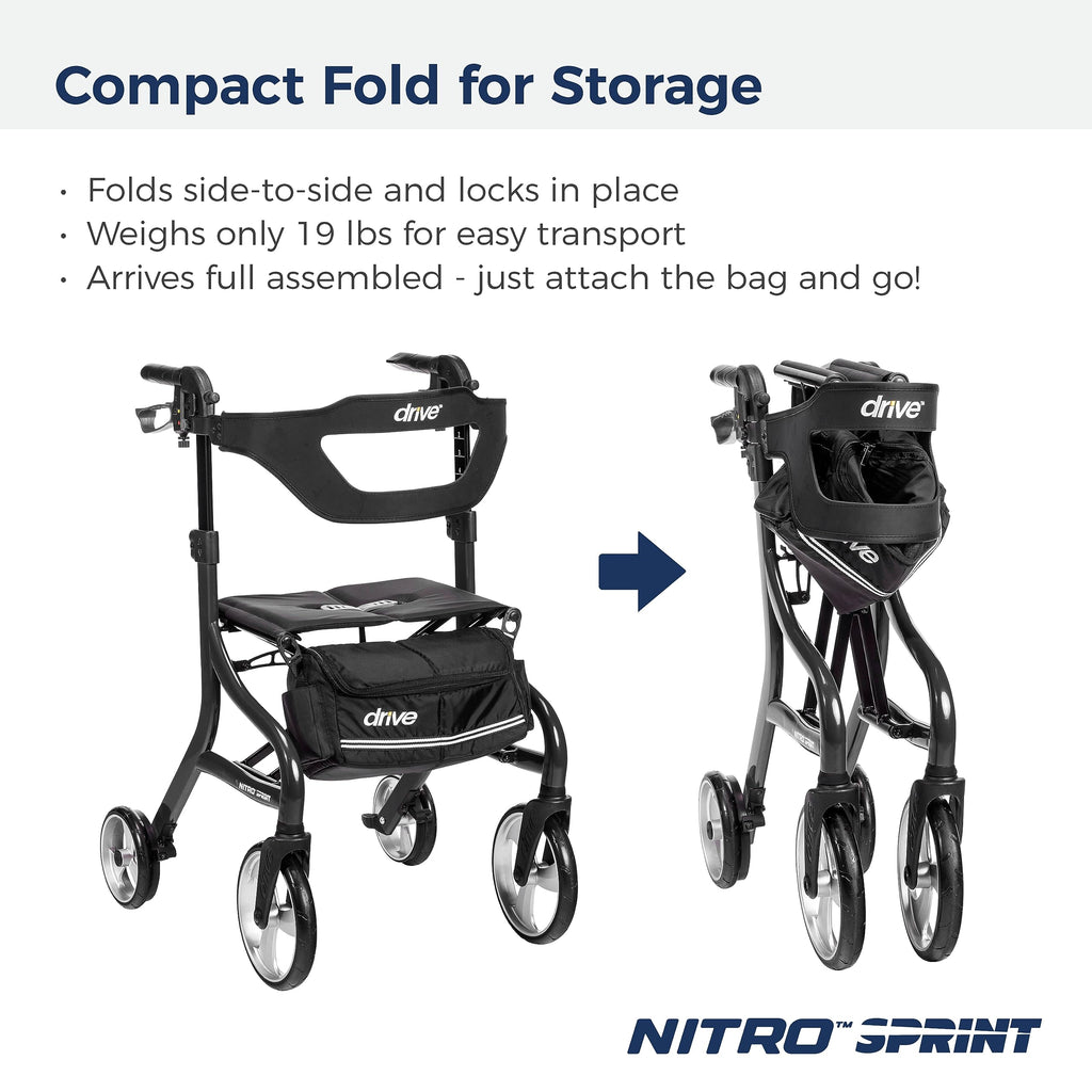 Drive Medical Nitro Sprint Foldable Rollator Walker with Seat, Standard Height Lightweight Large Wheels, Folding Rolling Walker, Red 1 Count 19 pounds