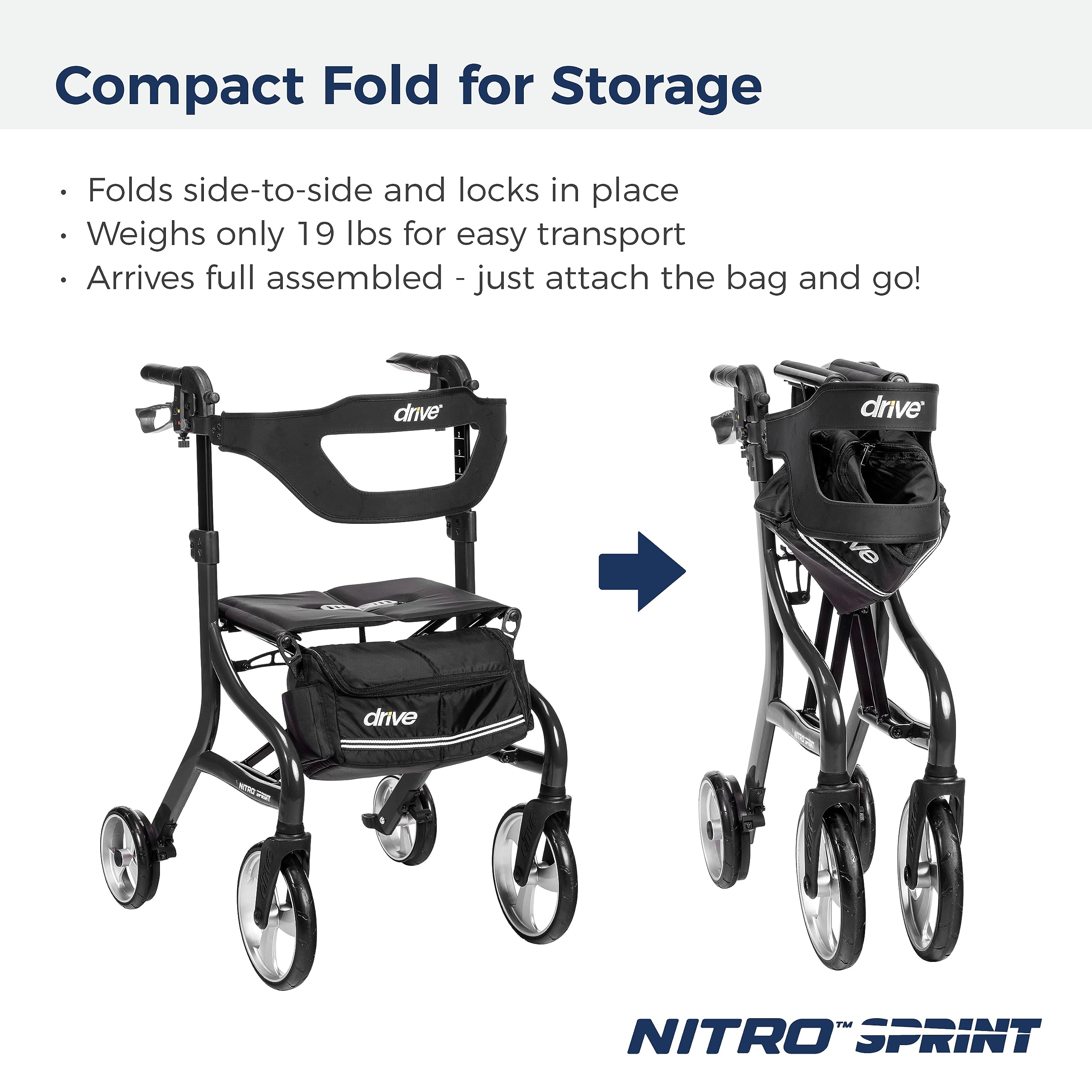 Drive Medical Nitro Sprint Foldable Rollator Walker with Seat, Standard Height Lightweight Large Wheels, Folding Rolling Walker, Red 1 Count 19 pounds