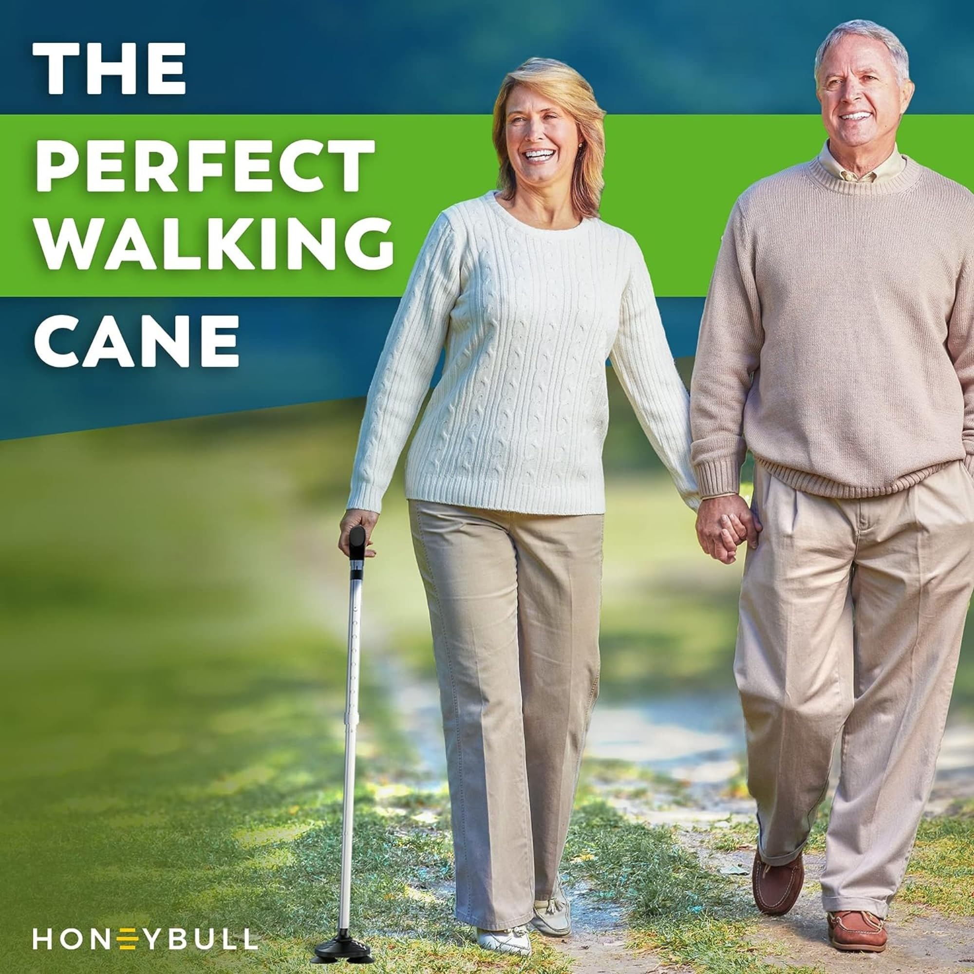 HONEYBULL Walking Cane for Men & Women - Foldable, Adjustable, Collapsible, Free Standing Cane, Pivot Tip, Heavy Duty | Walking Sticks, Folding Canes for Seniors & Adults (Black, Pivot Cane)