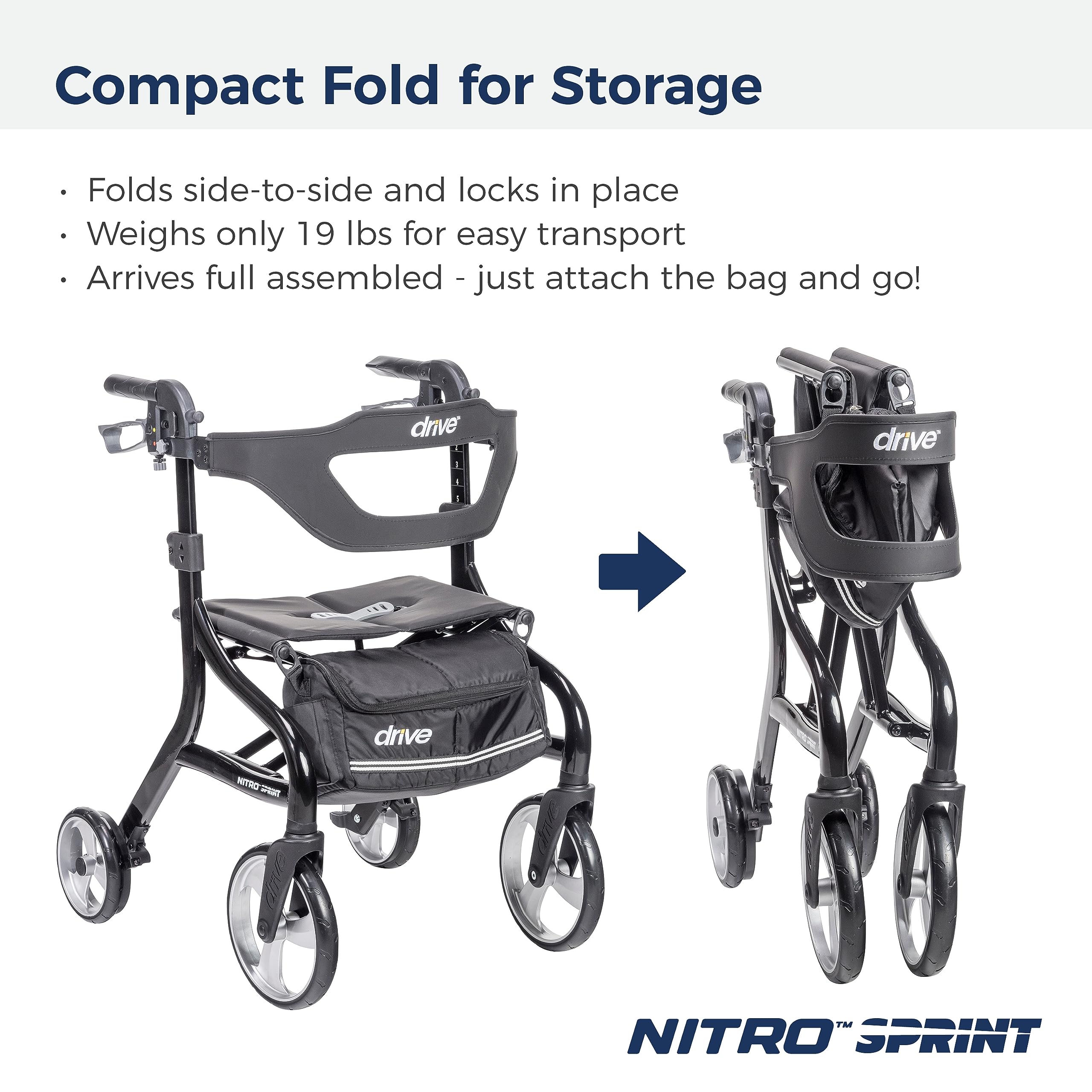 Drive Medical Nitro Sprint Foldable Rollator Walker with Seat, Standard Height Lightweight Large Wheels, Folding Rolling Walker, Red 1 Count 19 pounds