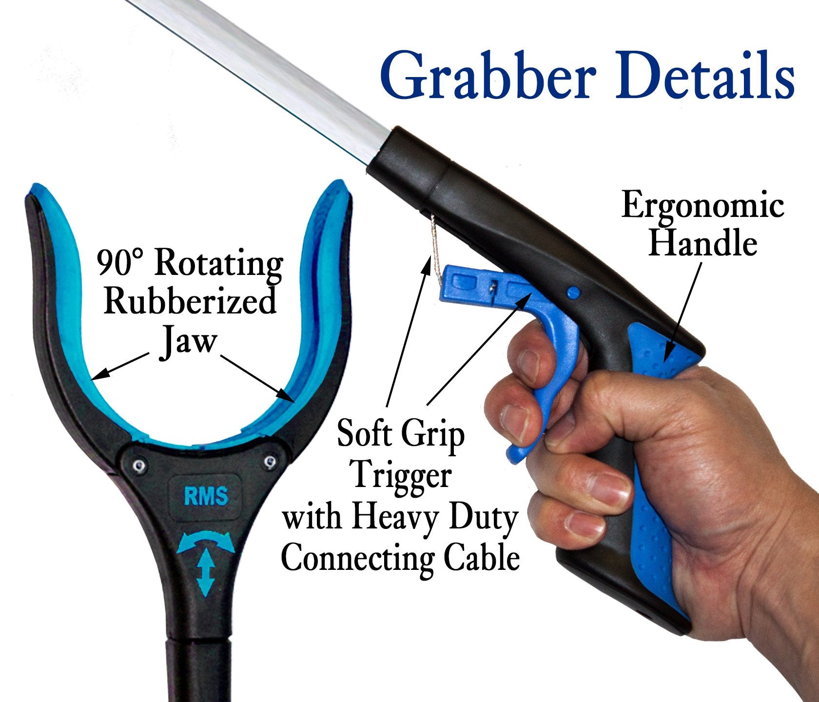 RMS 2-Pack 34 Inch Extra Long Grabber Reacher with Rotating Jaw - Mobility Aid Reaching Assist Tool