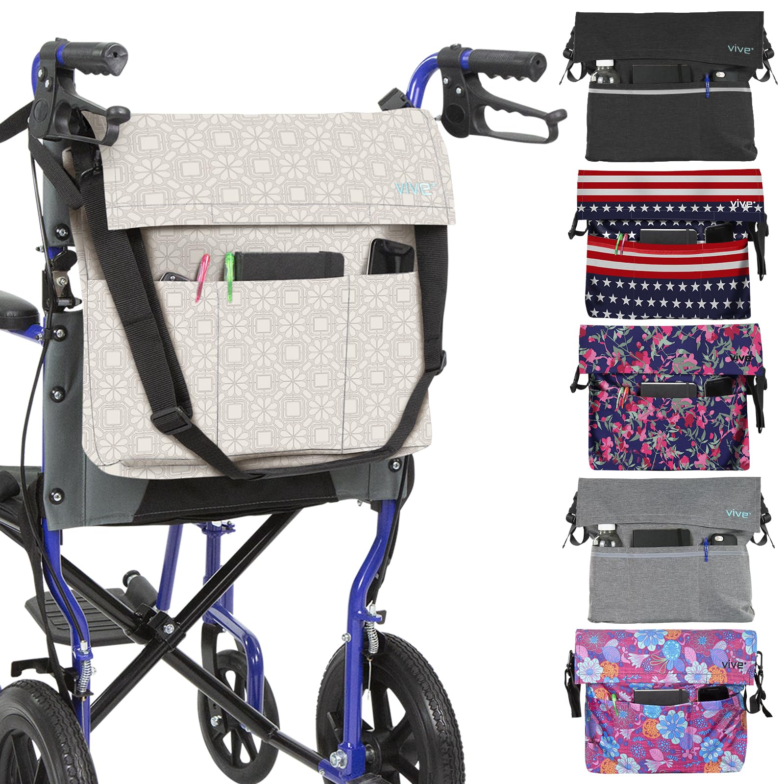 Vive XL Wheelchair Bag - Waterproof, Scratch-Resistant, Double-Stitched, Machine Washable Accessory for Adults, Seniors, 15 Colors - Storage Walker Backpack to Hang on Back of Wheel Chair
