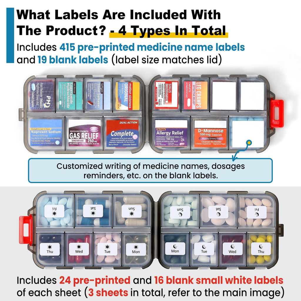 3 Pack 14 Grids Travel Pill Organizer Box with 415-Pcs Medicine Name Labels - Pocket Daily Pharmacy Case Container Kit - Travel Medication Holder Dispenser for Fish Oil Vitamin Supplement Storage