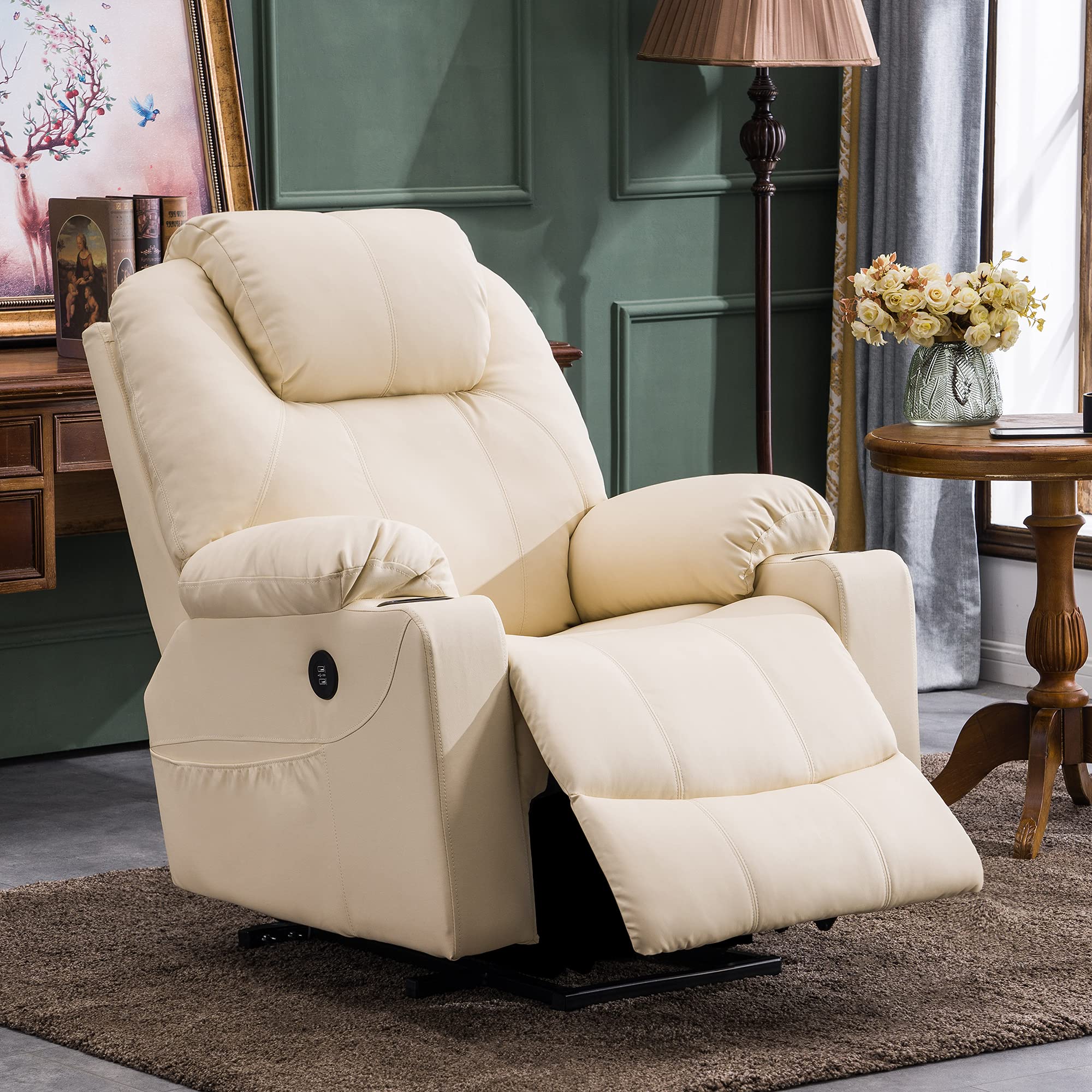 MCombo Electric Power Lift Recliner Chair Sofa with Massage and Heat for Elderly, 3 Positions, 2 Side Pockets, and Cup Holders, USB Ports, Faux Leather 7040 (Light Brown, Medium)